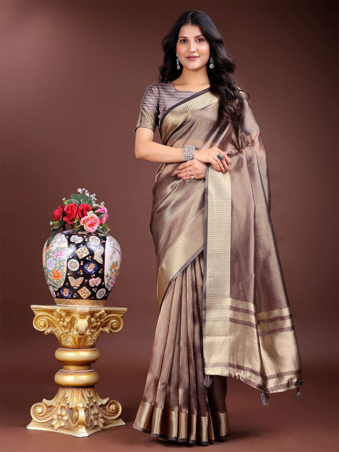 ALAGINI Woven Design Border Organza Saree