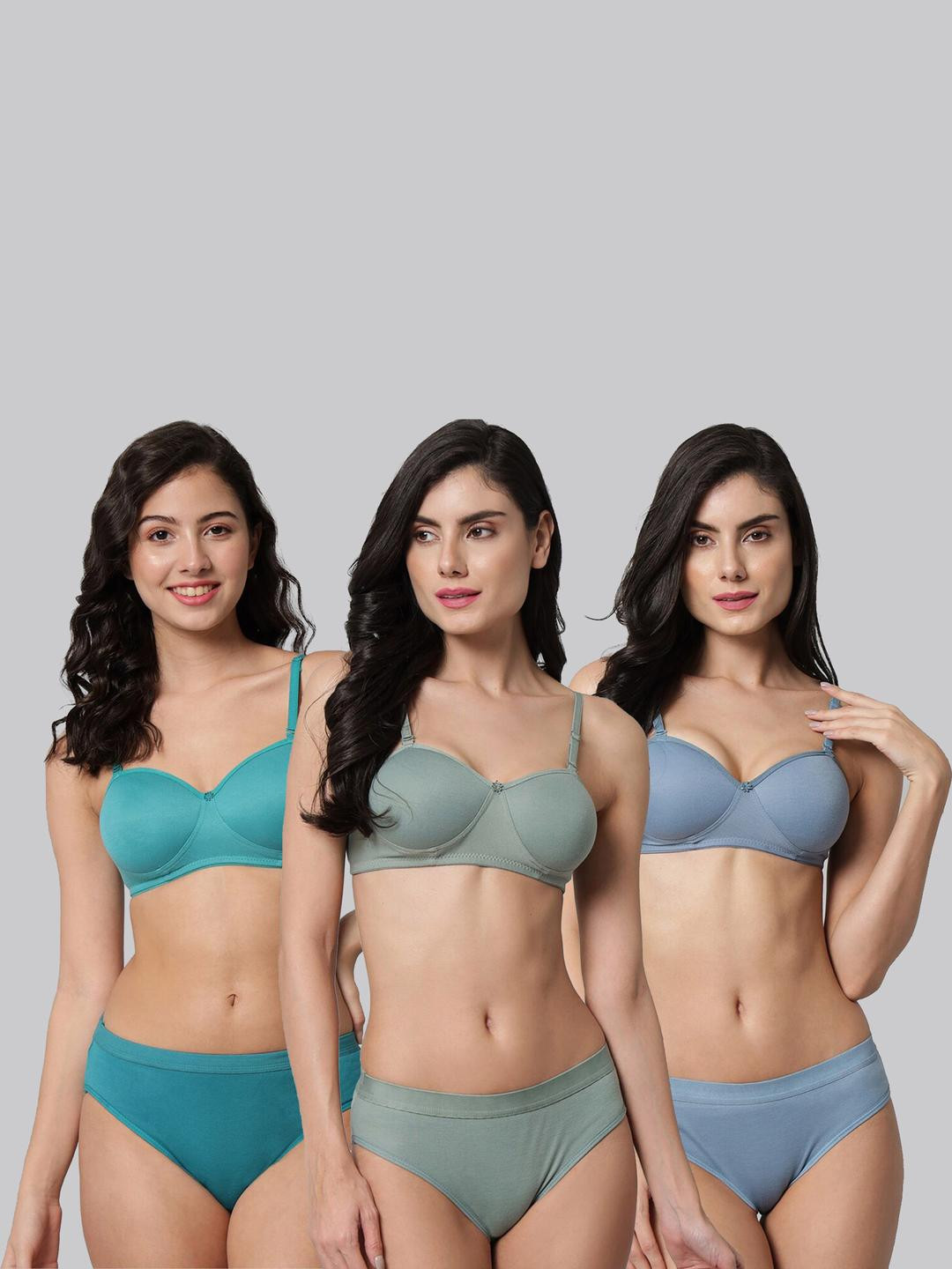 Women Blue,Green,Light Blue Cotton Bra Panty Set for Lingerie Set Undergarments Pack of 3