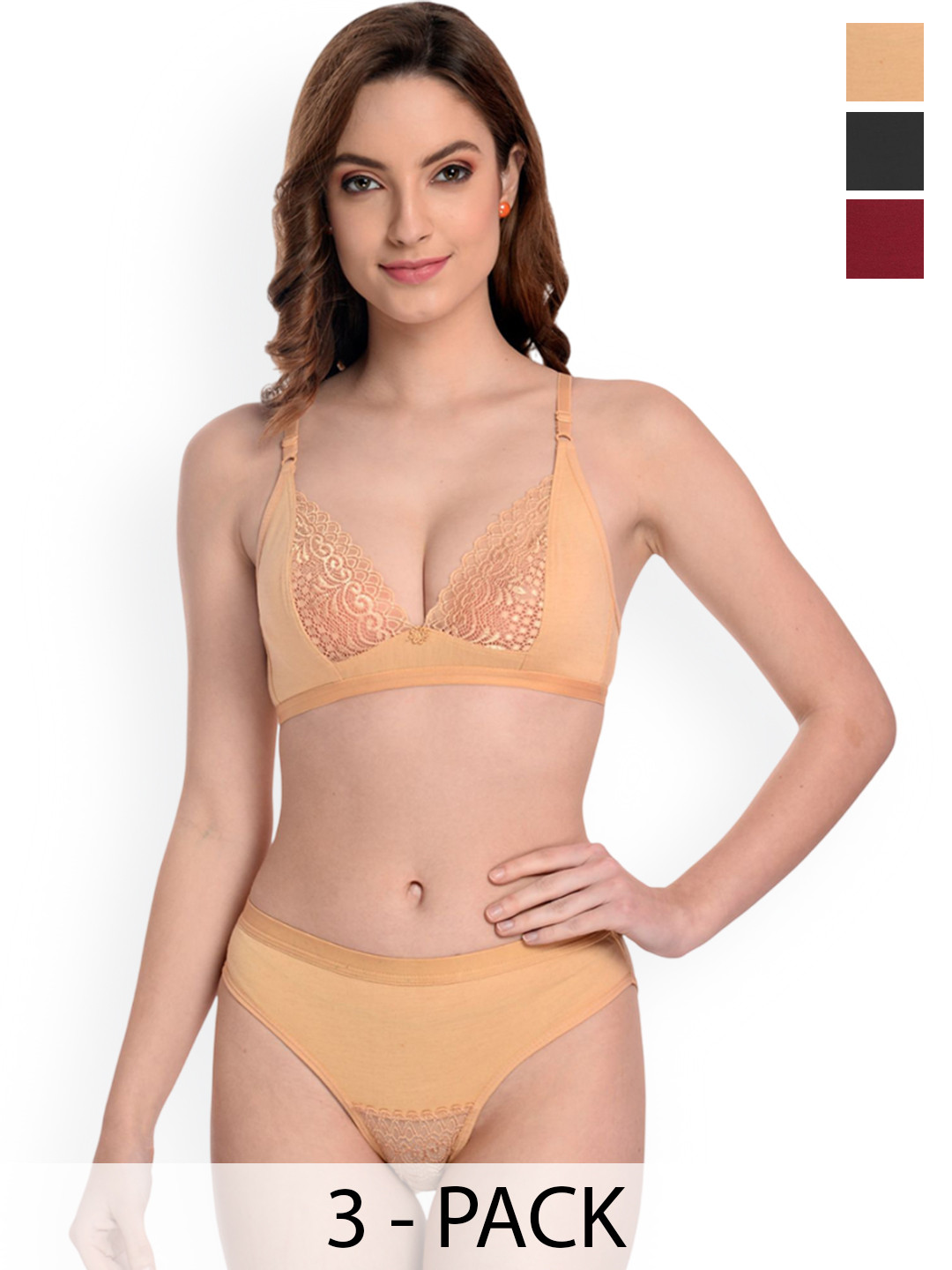 Samvar Pack Of 3 Self Design Non Padded Lingerie Sets A-Yani Set_Bl,M,Br