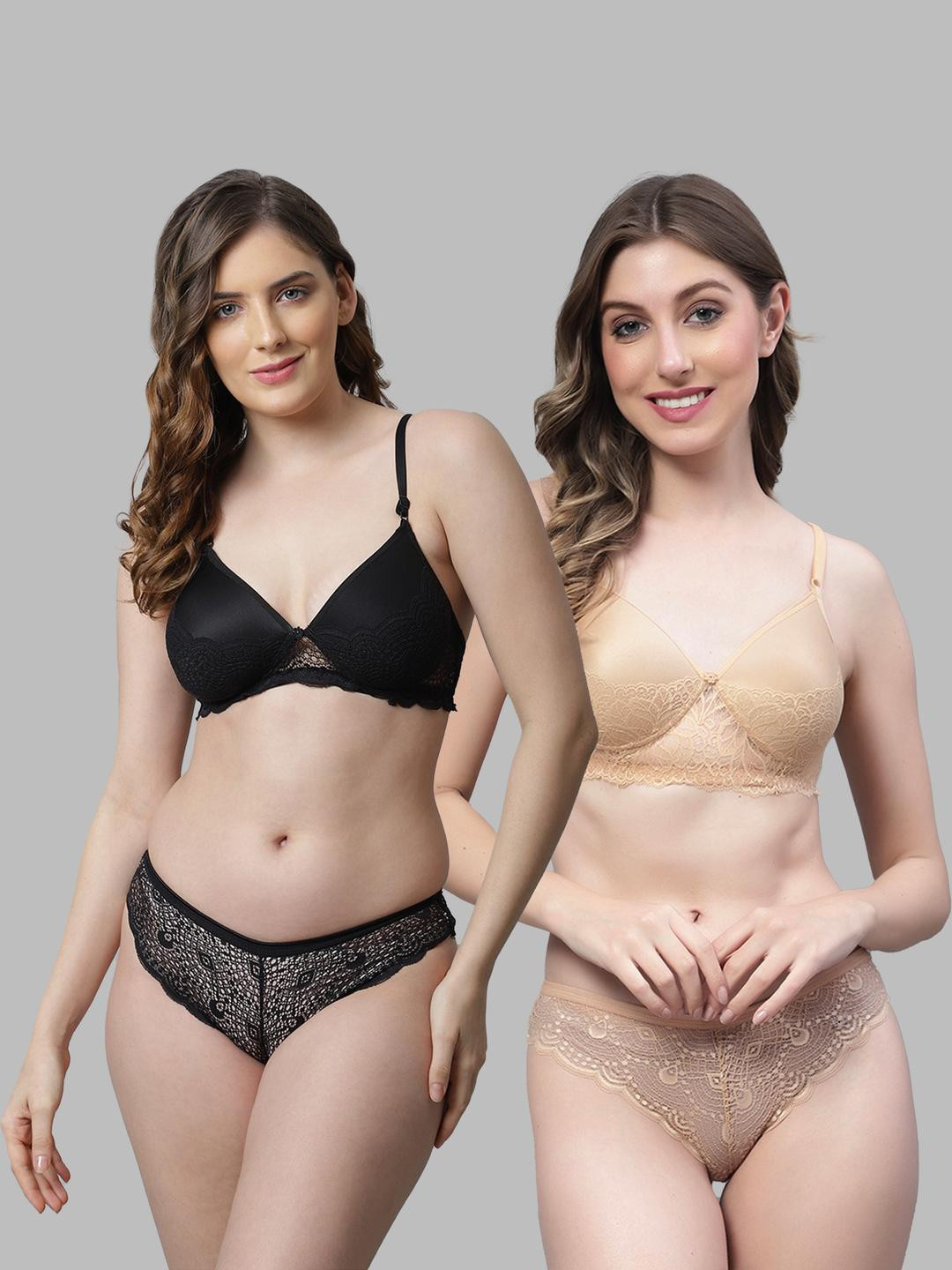 Women Black,Gold Cotton Bra Panty Set for Lingerie Set Undergarments Pack of 2