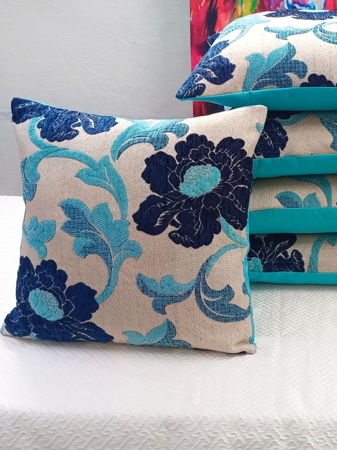 Real Desi White & Blue 5 Piece Floral Printed Square Cushion Covers