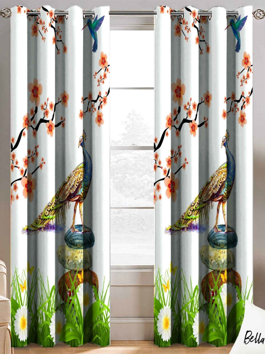 BELLA TRUE White & Green 2 Pieces Floral Printed Long Door Curtains