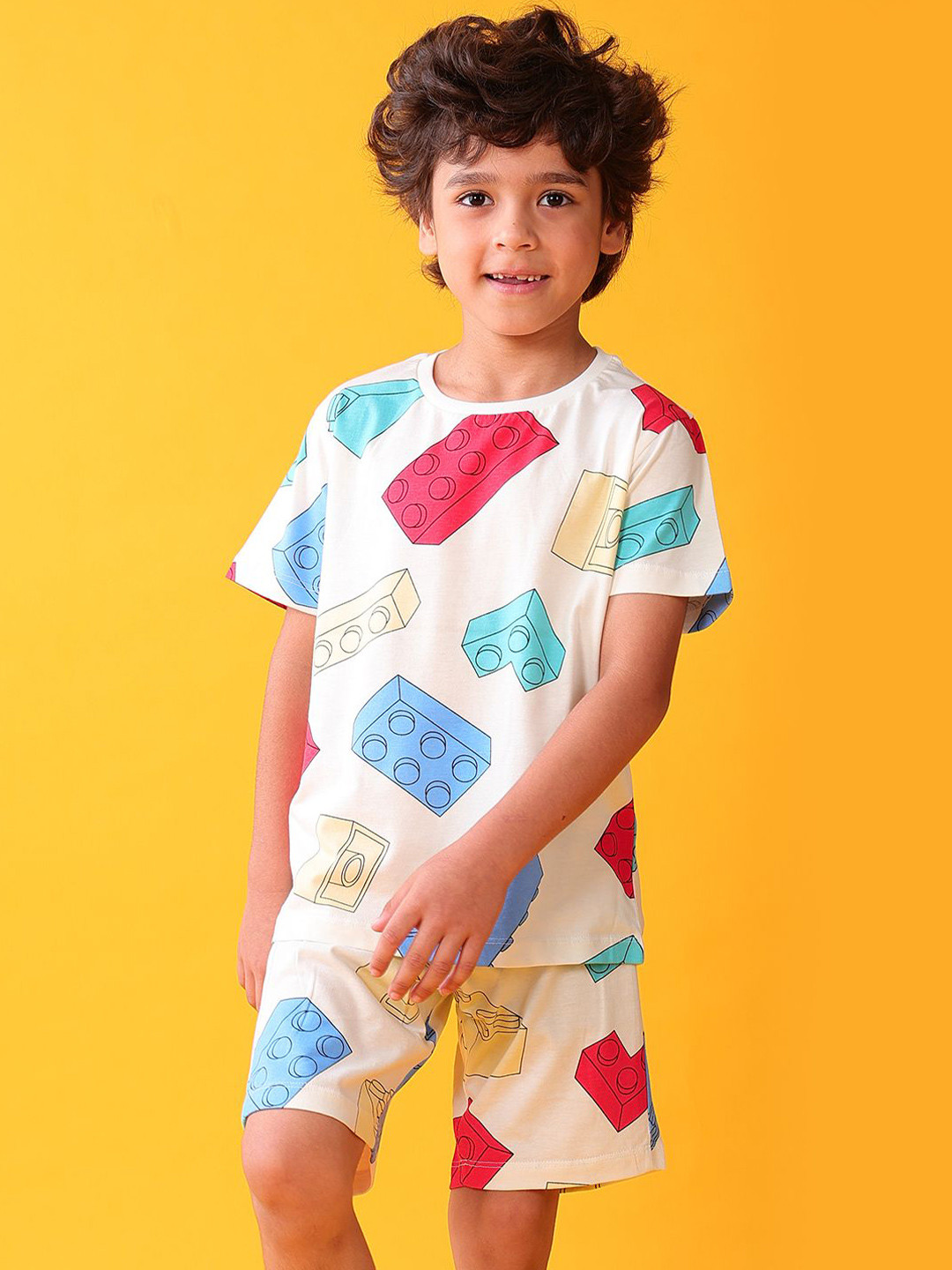 Anthrilo Kids White Pure Cotton Building Blocks Printed Shorts Sleepwear Set