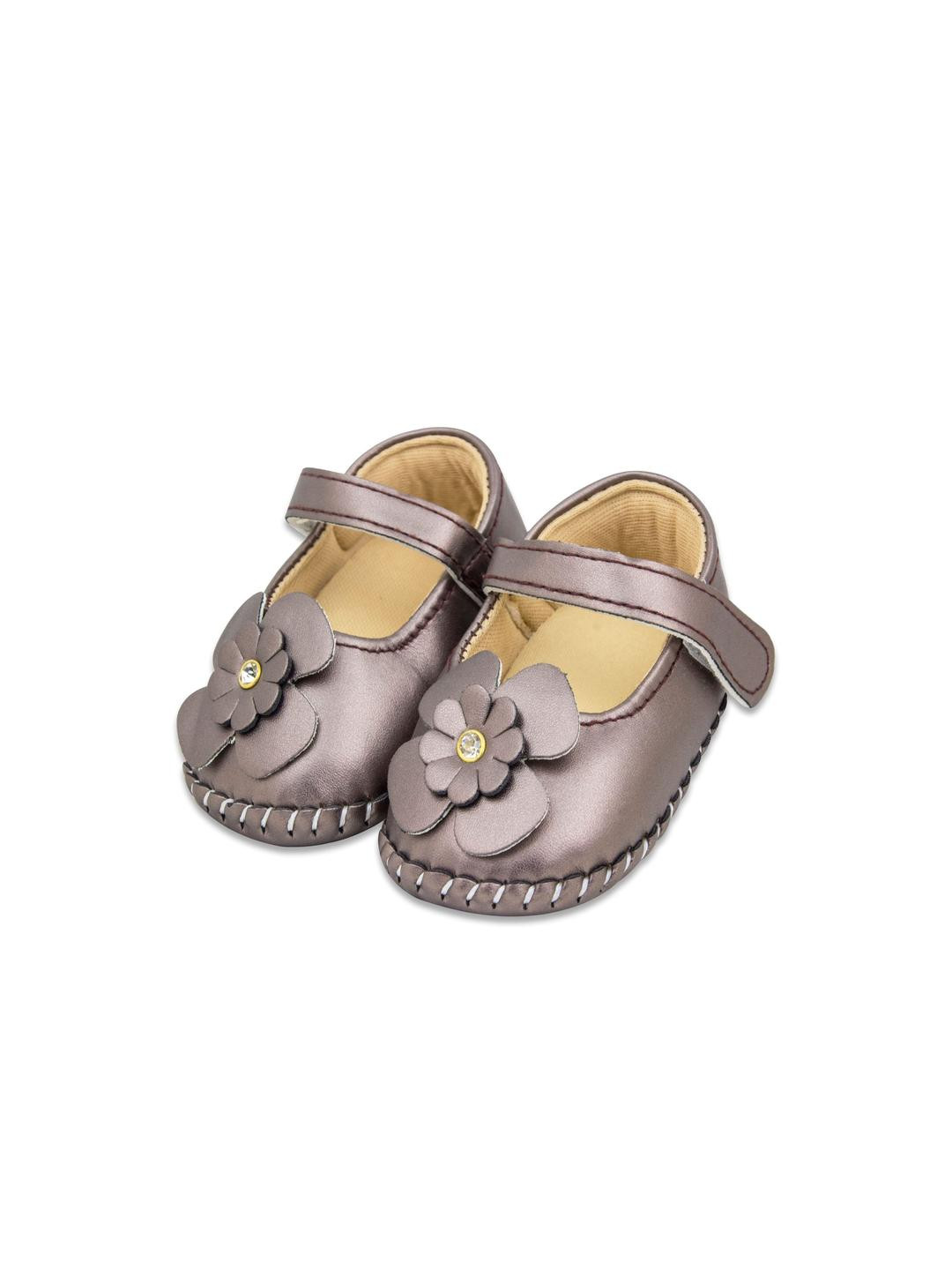 Neska Moda 6 To 12 Months Baby Girls Belly Shoe Fancy Partywear Floral Soft Velcro Sandal Booties (Toe to Heel Length - 12 cm, Dark Brown)