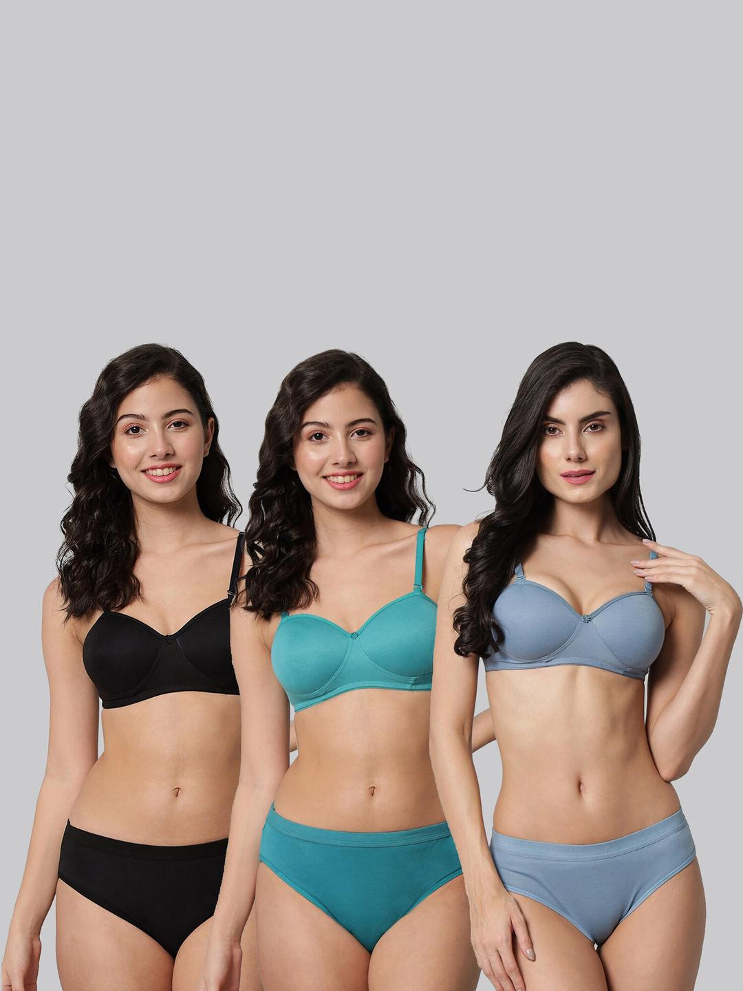 Women Black,Blue,Light Blue Cotton Bra Panty Set for Lingerie Set Undergarments Pack of 3