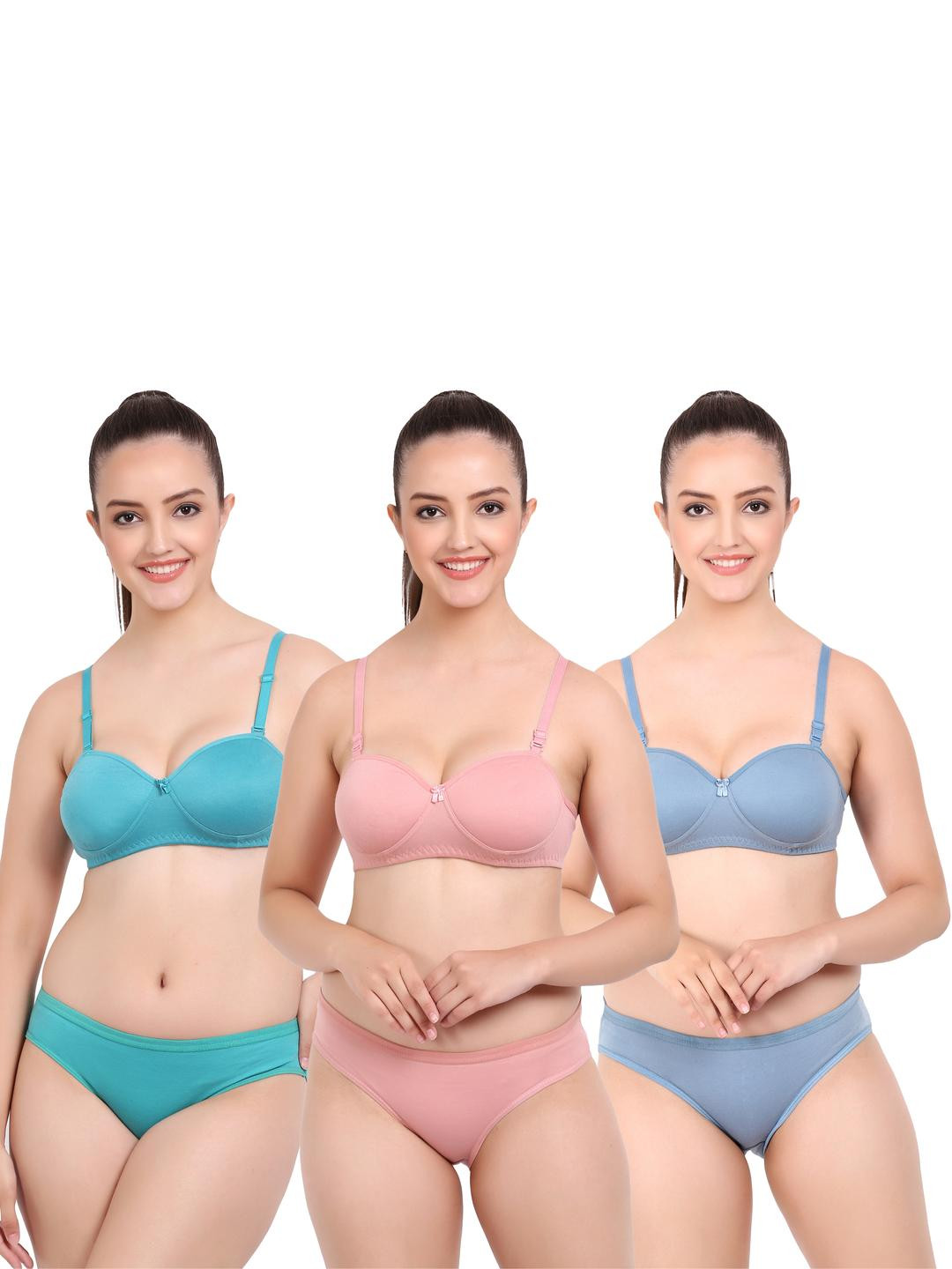 Women Dark Blue,Pink,Blue Cotton Bra Panty Set for Lingerie Set Undergarments Pack of 3
