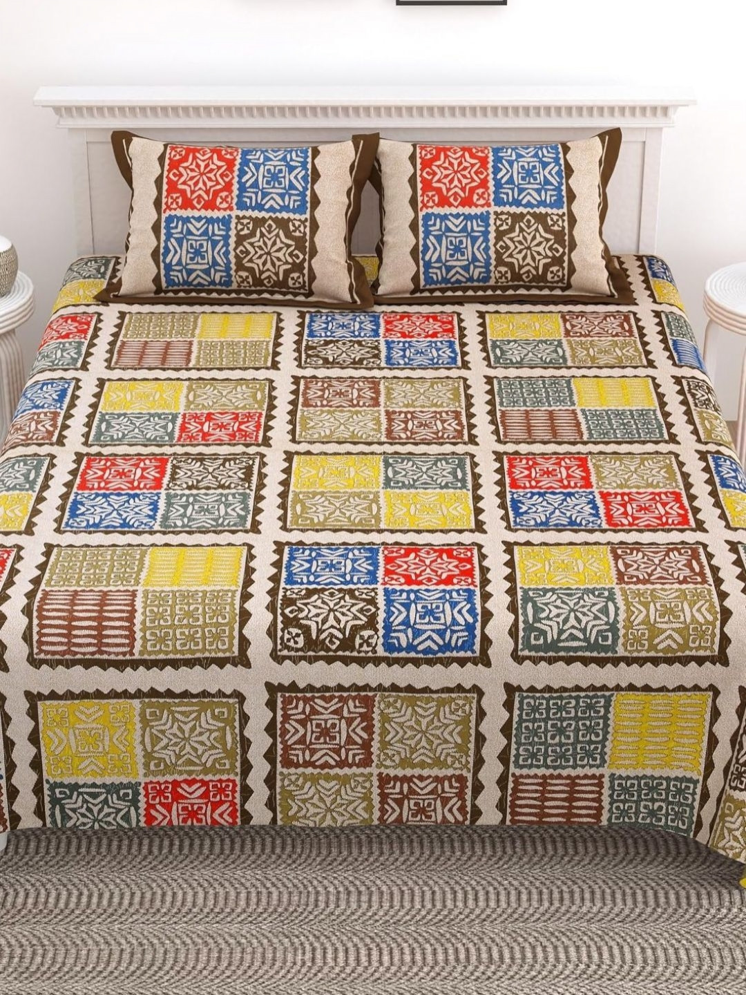 Bedbathandbliss Blue & Red Geometric 300 TC Cotton Superking Bedsheet Set 2.54 m x 2.74 m