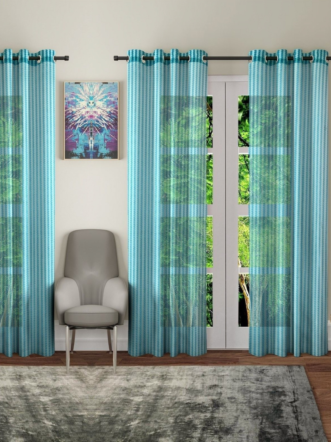 BELLA TRUE 4 Pieces Blue Striped Sheer Window Curtains