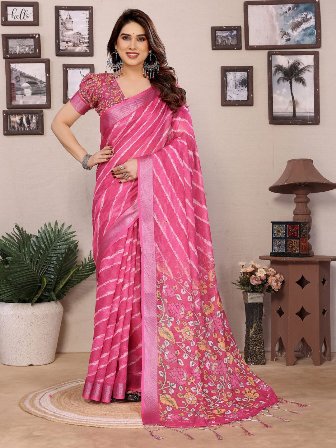 Shriyangan Leheriya Print Zari Pure Linen Block Print Saree