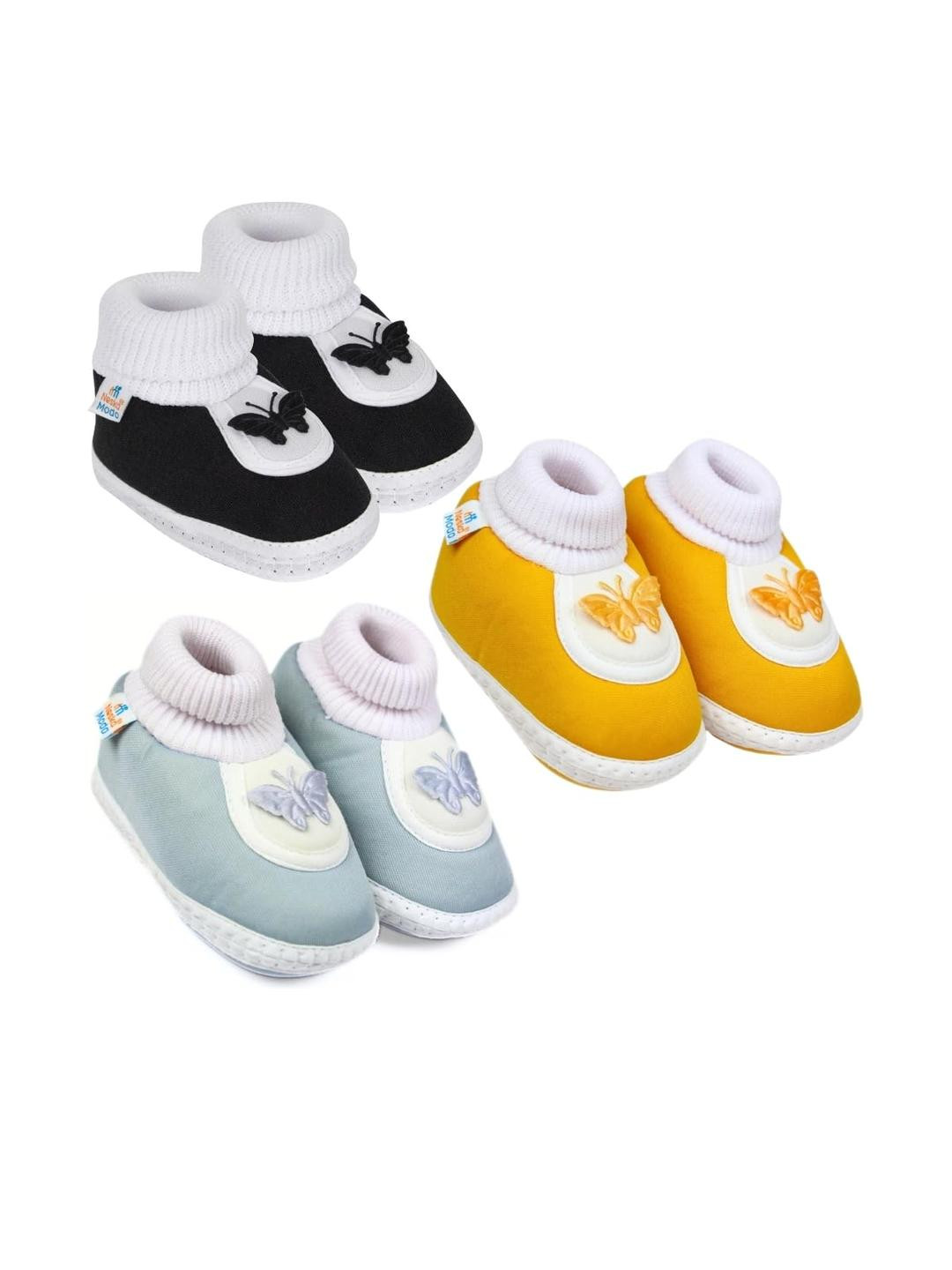 Neska Moda 6 To 12 Month 3 Pair Set Newborn Unisex Baby Skin Friendly Soft Cotton Butterfly Booties (Toe to Heel Length - 12 cm, Black, Grey, Turmeric)