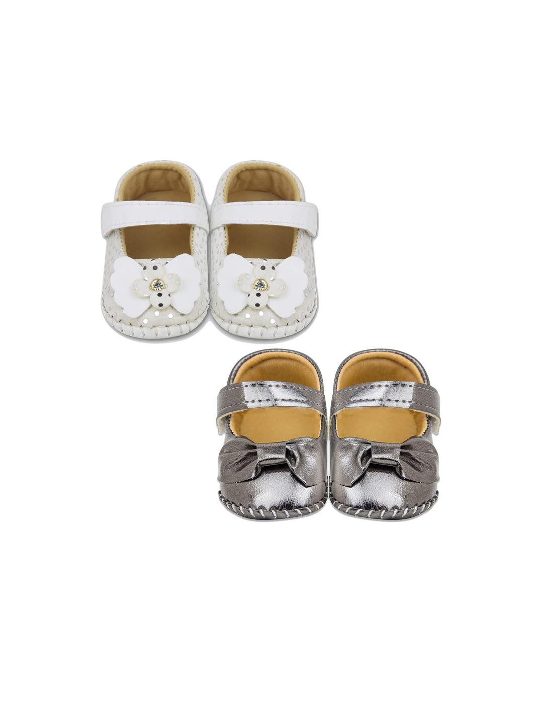 Neska Moda 6 To 12 Months Baby Girls Set of 2 Pair Synthetic Leather Sandal Booties (Toe to Heel Length - 12 cm, White, Black, Silver)