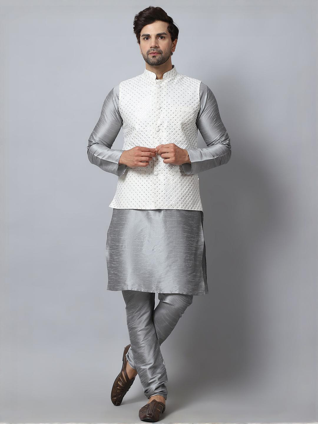 B BEN Men Silver Kurta Sets