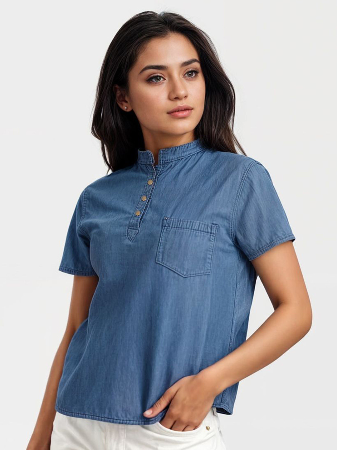 SZN Women High Neck Cotton Denim Top