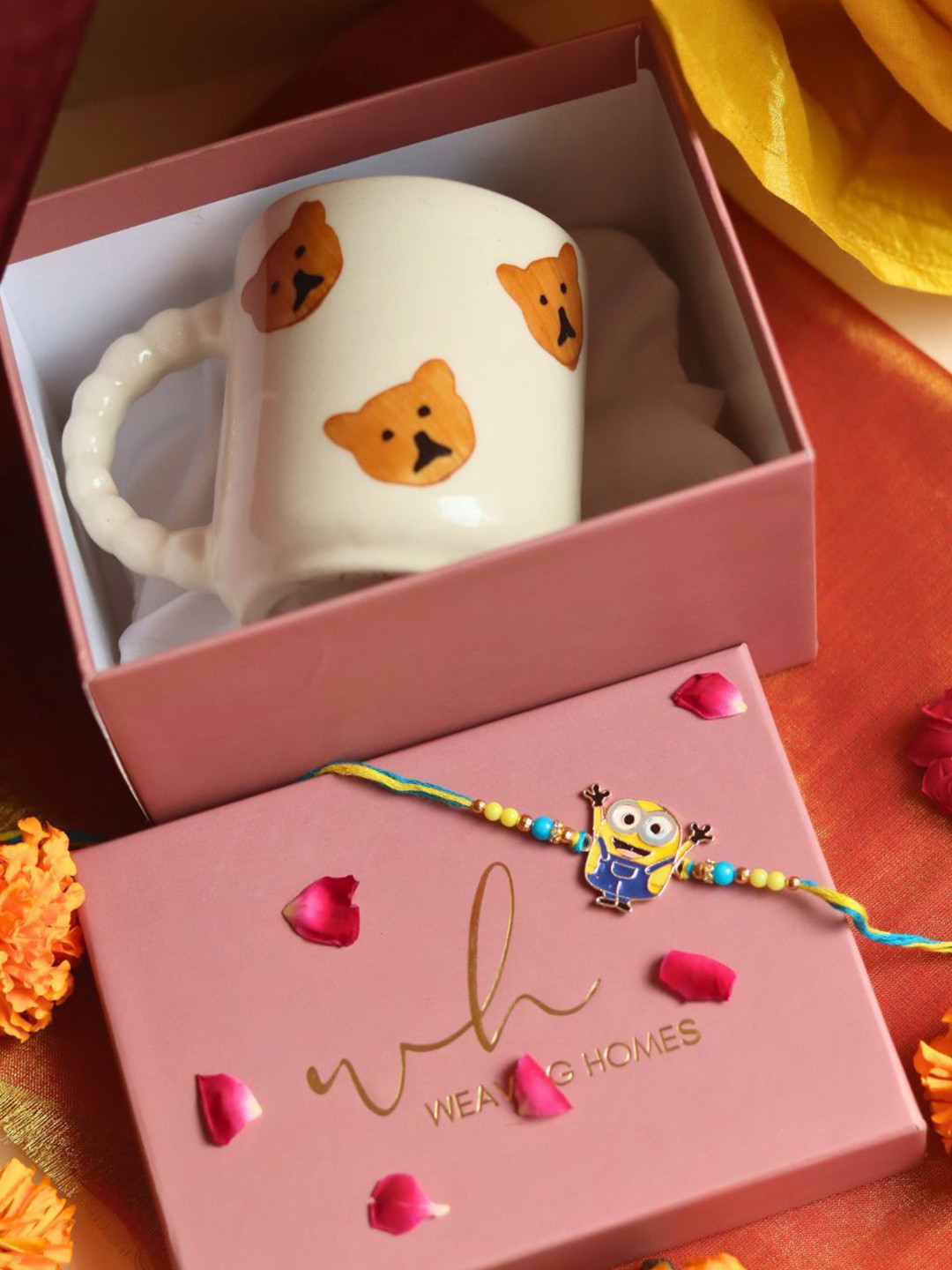 WEAVING HOMES Set of 2 Beaded Thread Rakhi With Teddy Bear Coffee Mug