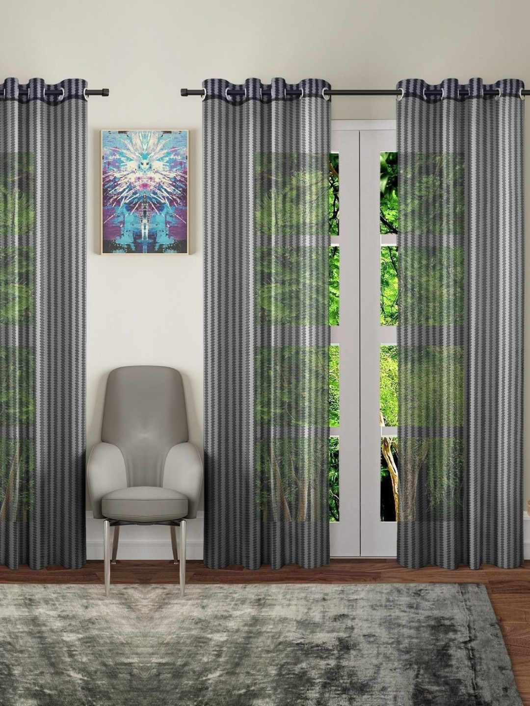 BELLA TRUE 4 Pcs Black & Grey Striped Sheer Window Curtains