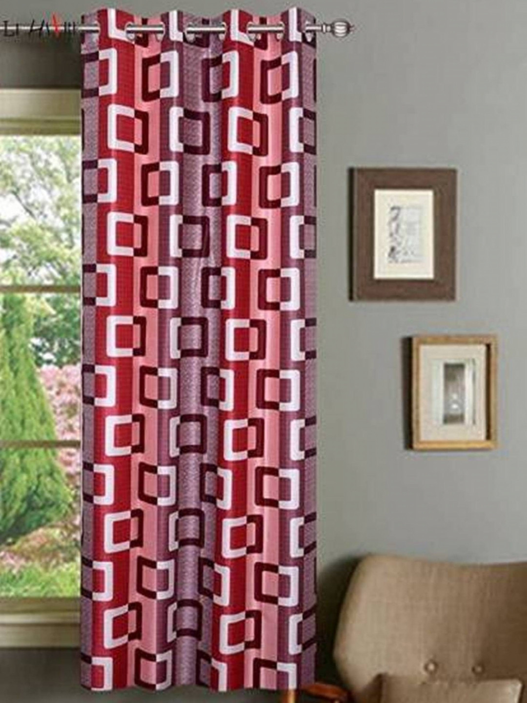 BELLA TRUE Maroon & White Geometric Printed Black Out Window Curtains