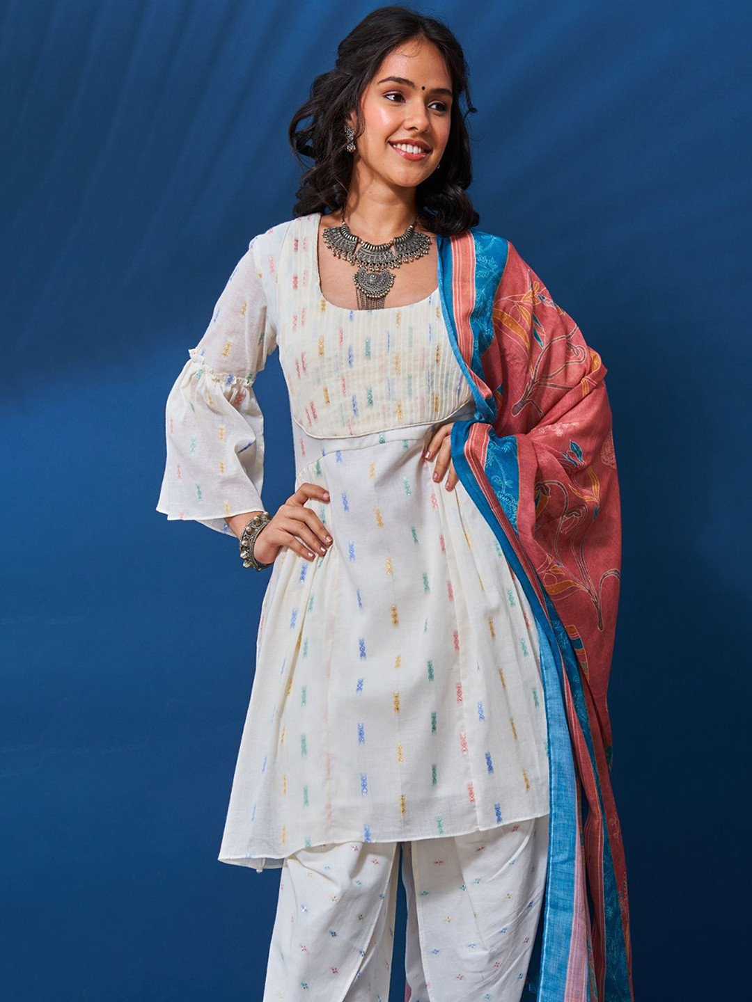 Tanoti Geoemtric Printed Pure Cotton U-Neck A-Line Fusion Kurti With Dhoti Pants & Dupatta