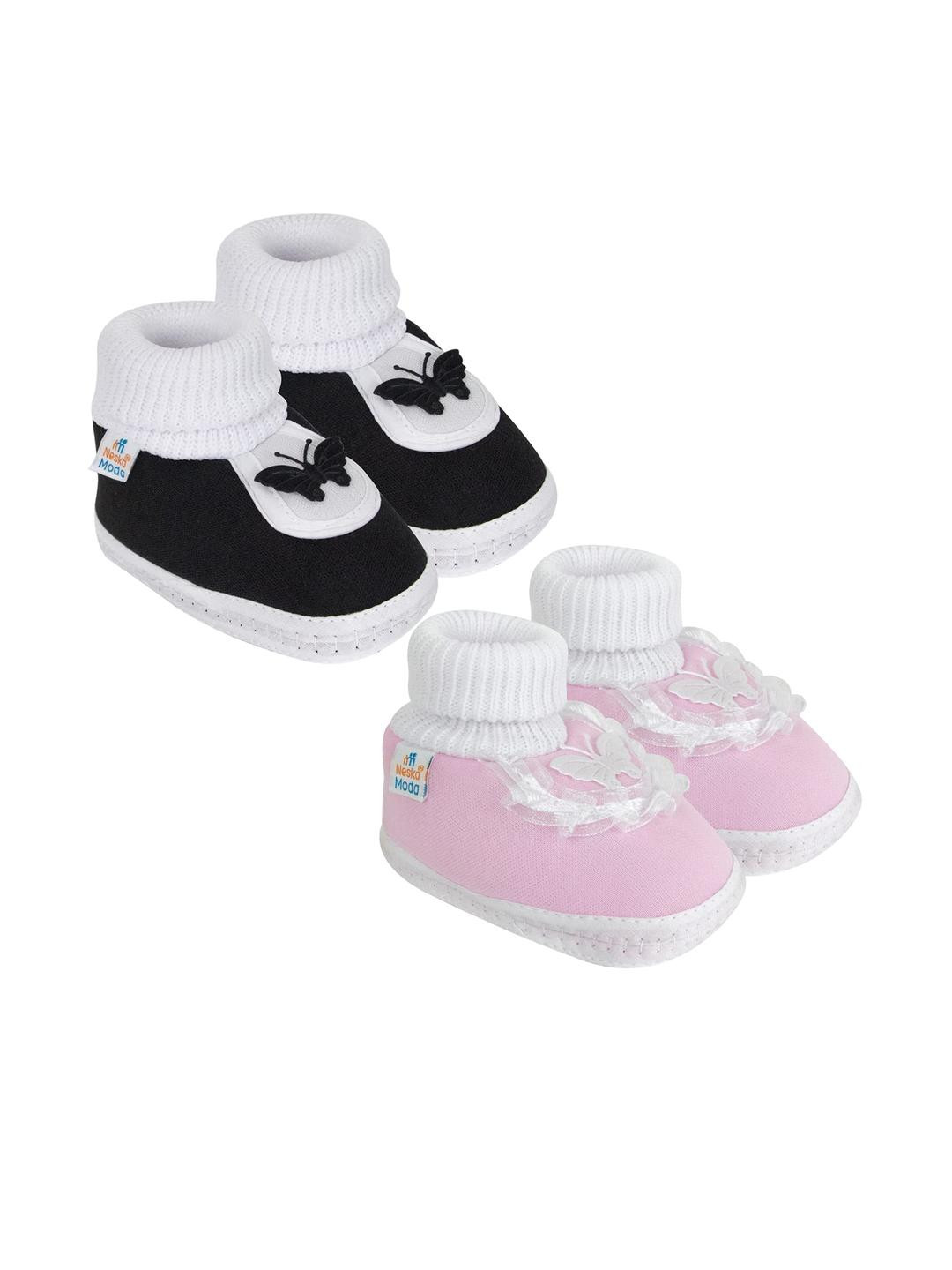 Neska Moda 3 To 12 Month Cotton Baby Booty 2 Pair Combo Skin Friendly Soft Frill Butterfly Booties (Toe to Heel Length - 12 cm, Baby Pink, Black)