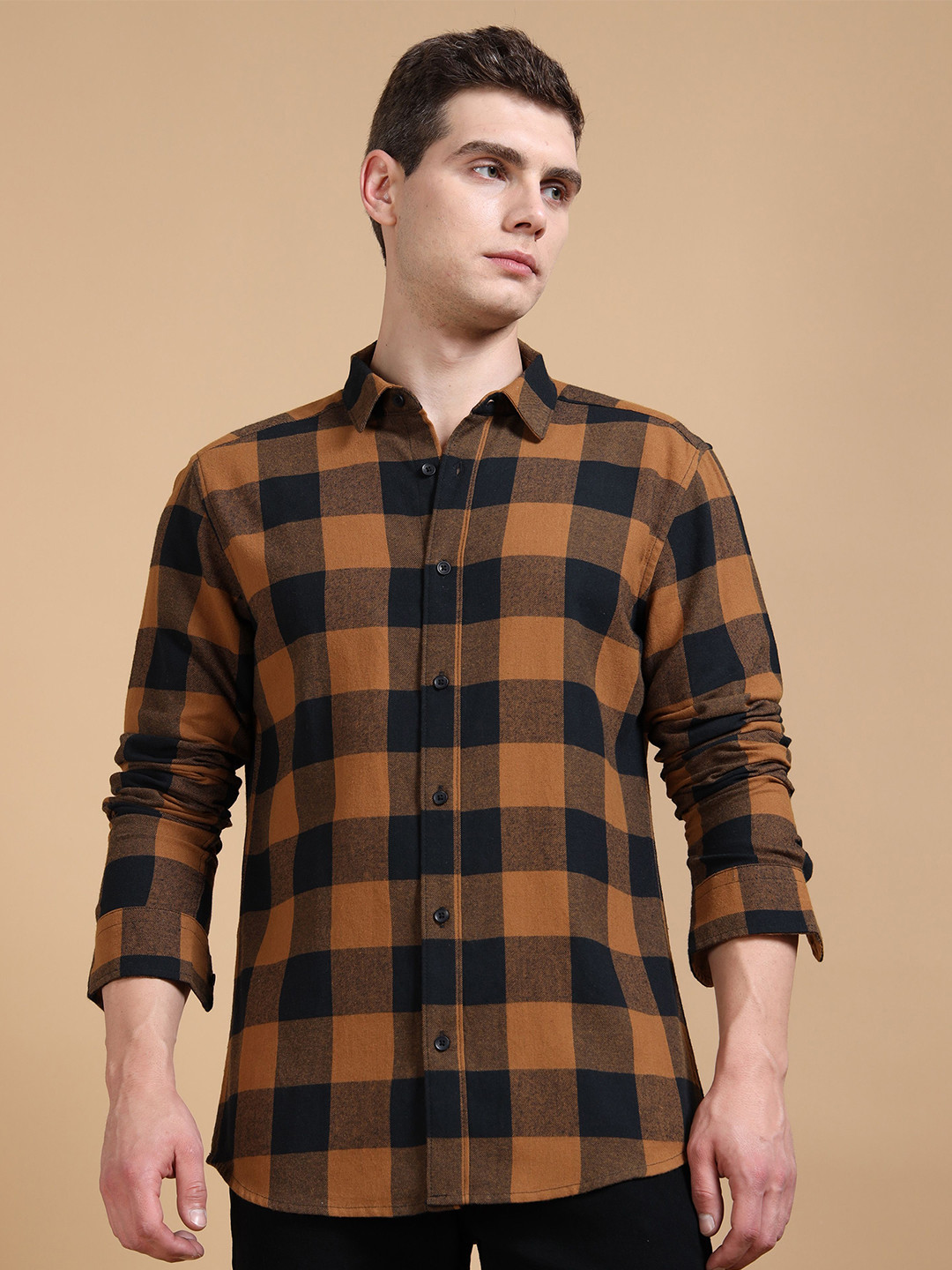 StitchX Men's Dark Mustard Slim Fit Brushed Cotton Buffalo Checkered Shirt