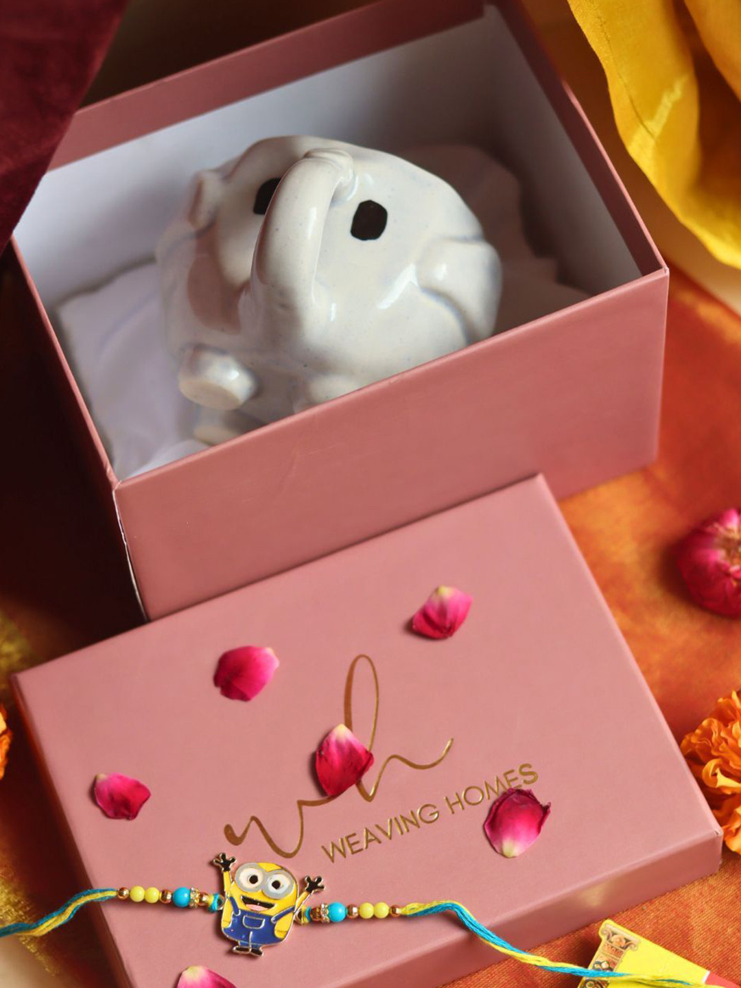 WEAVING HOMES Set of 2 Beaded Thread Rakhi With Cutest Ele Mug