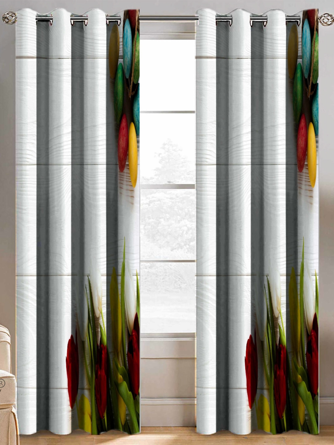 BELLA TRUE White & Green 2 Pieces Abstract Printed Black Out Window Curtains