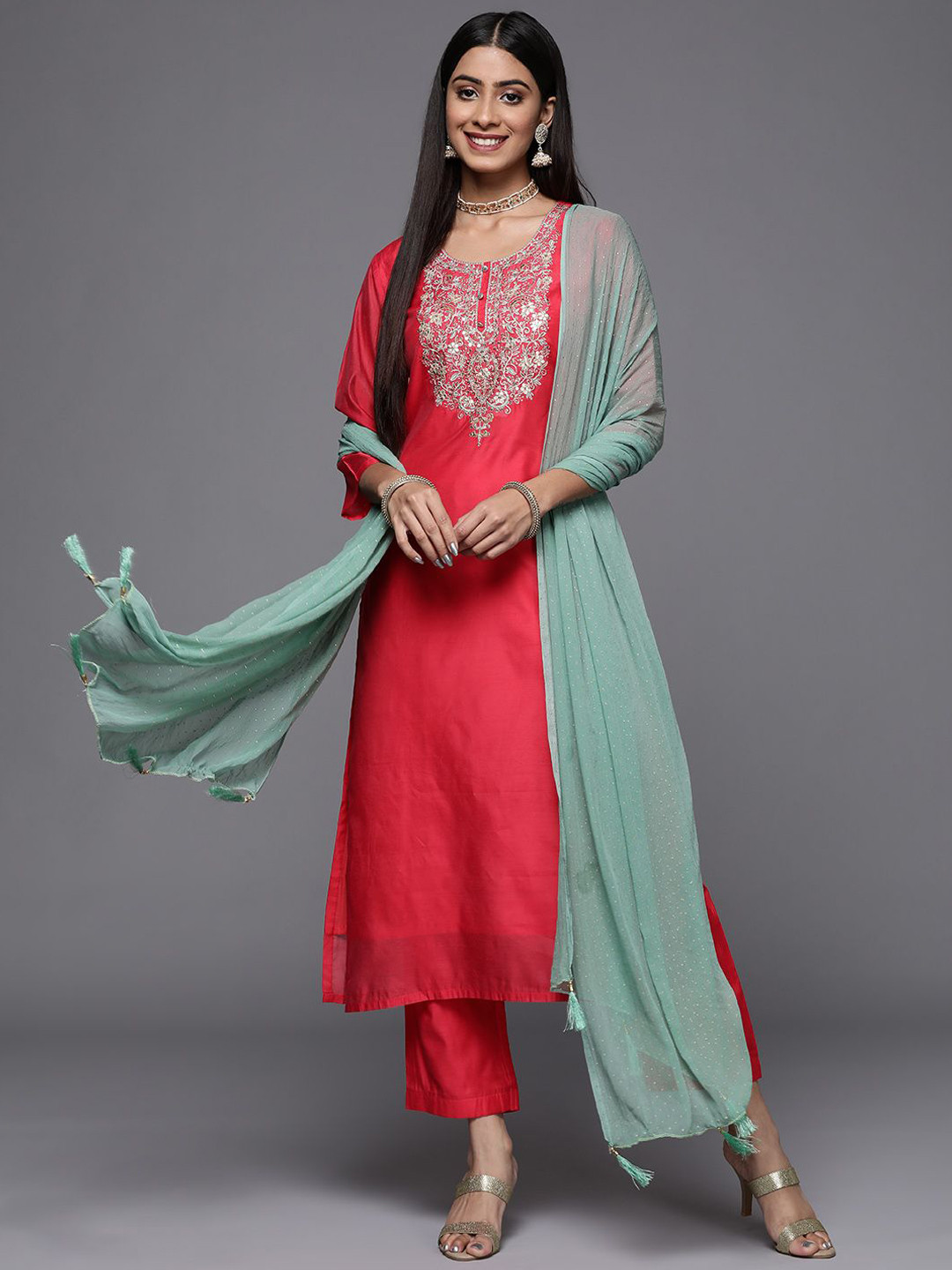all about you Floral Embroidered Sequinned Round Neck Kurta With Trousers & Dupatta
