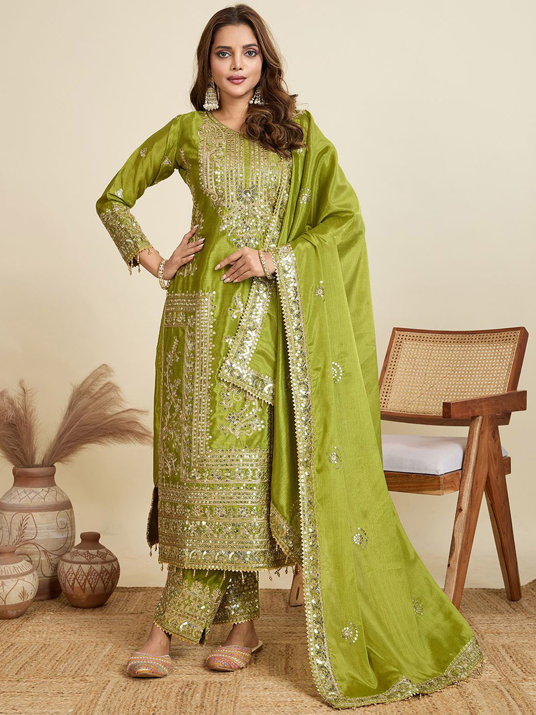 AKSHARAM Floral Embroidered Sequinned Straight Kurta With Trousers & Dupatta