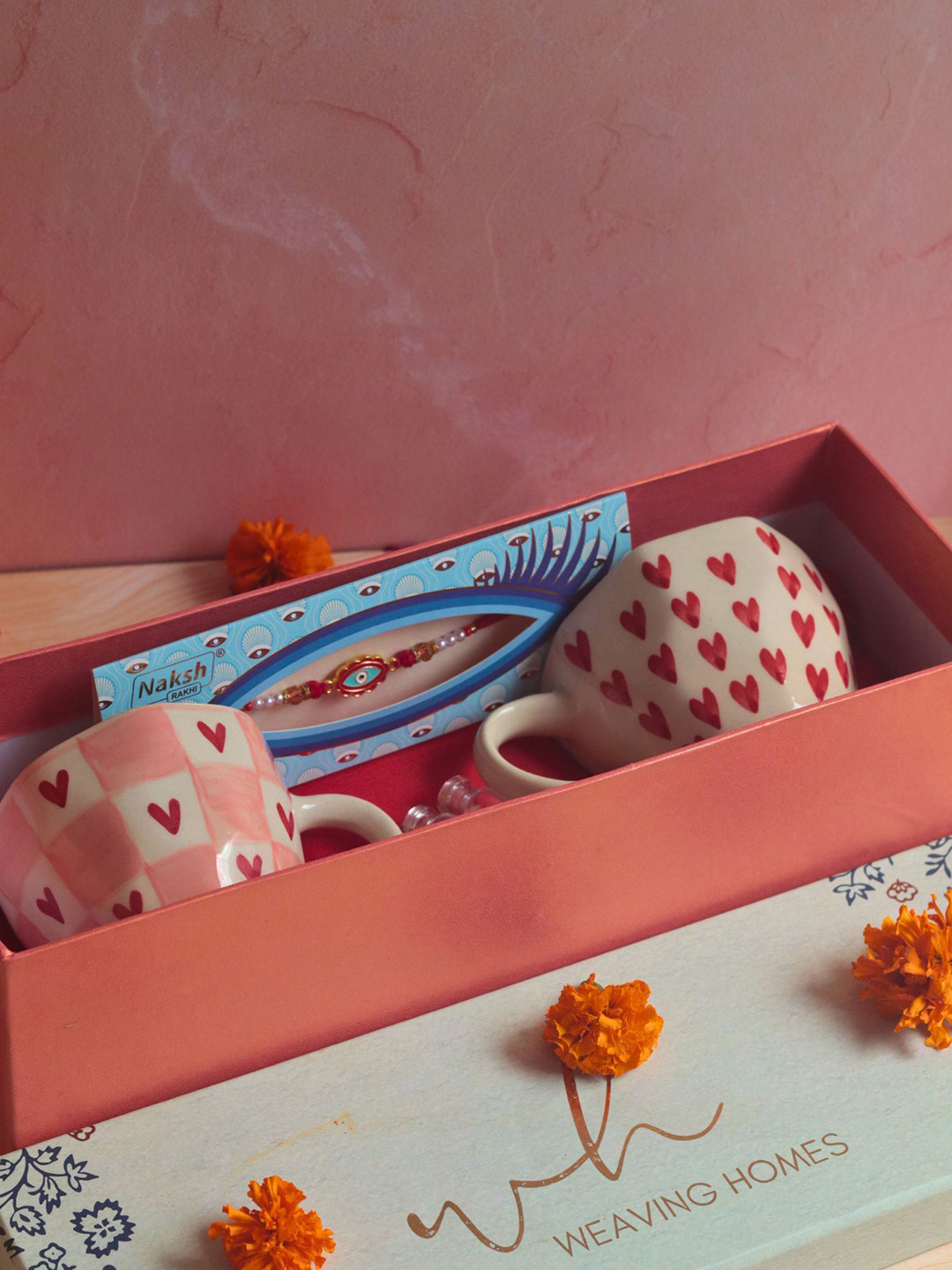 WEAVING HOMES Heart & Chequered Cream 2 Pieces Printed Ceramic Mug 220ml With Rakhi