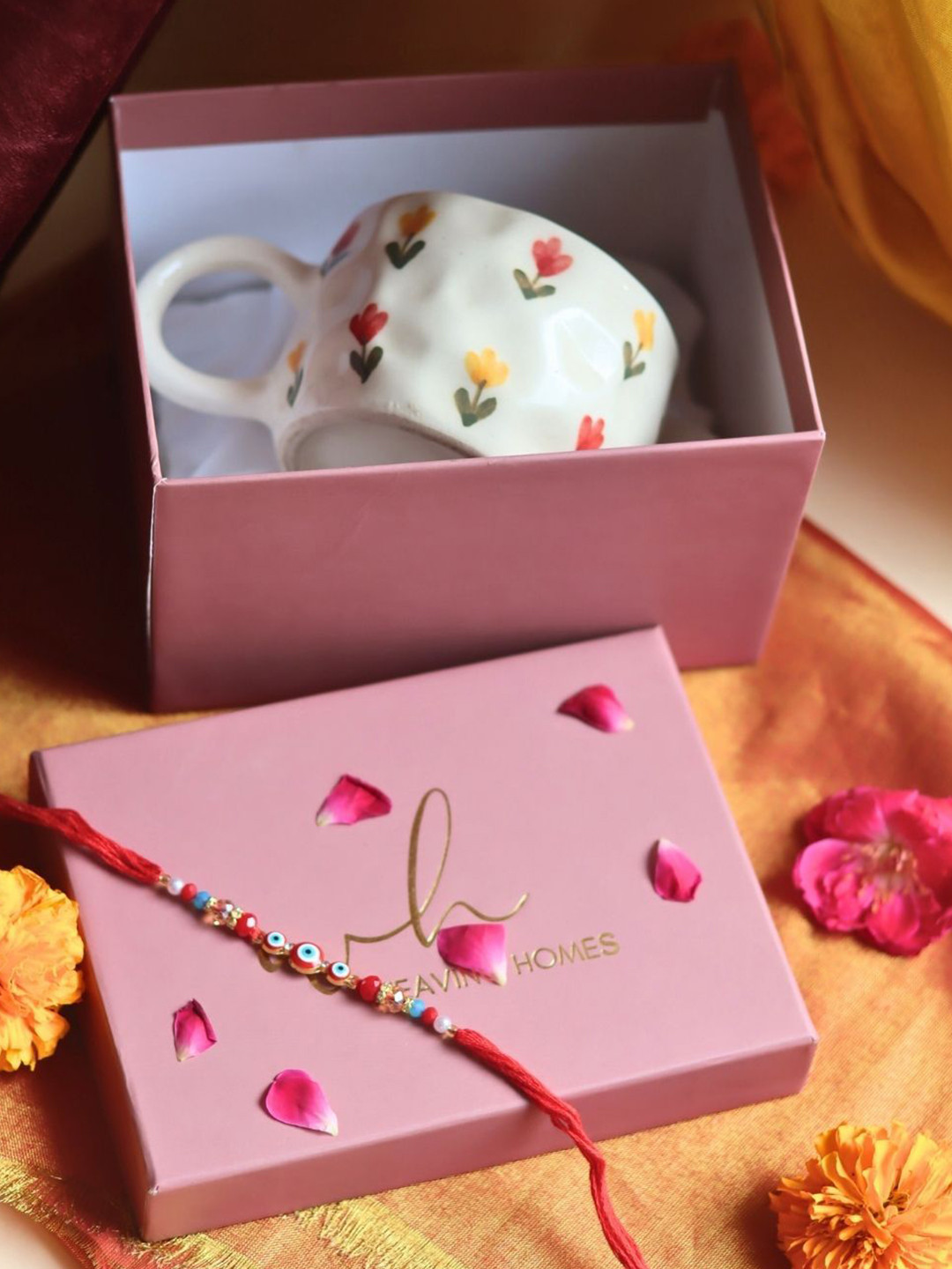 WEAVING HOMES White & Red Tulip Printed Ceramic Mug 180ml With Rakhi