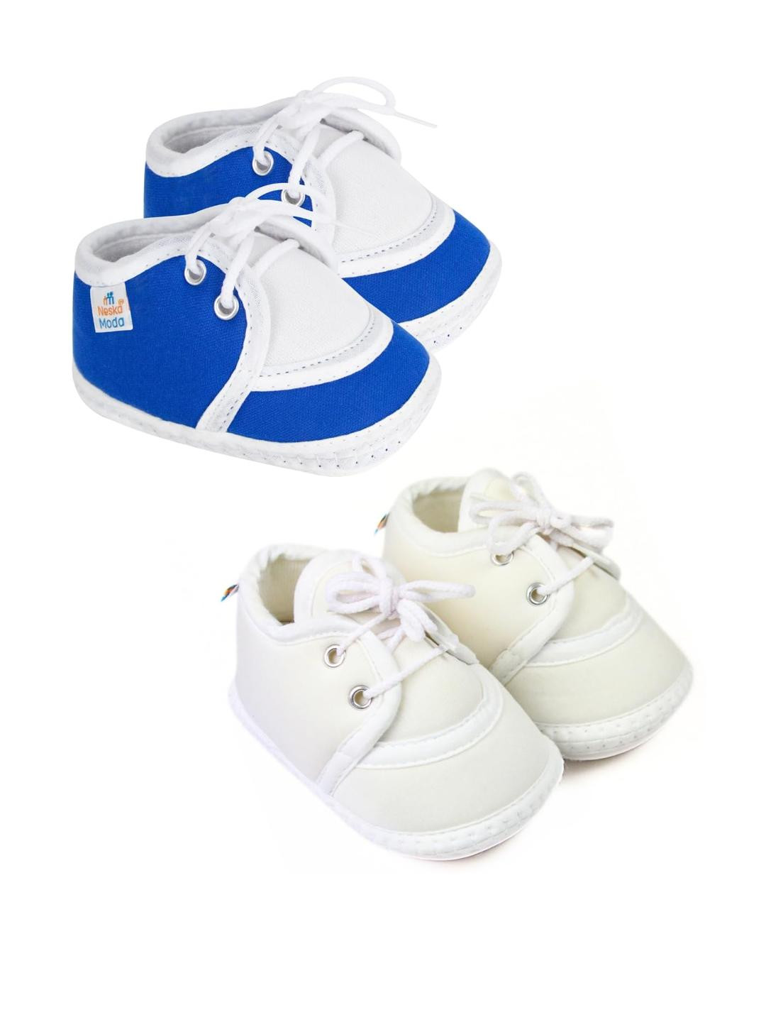 Neska Moda Newborn Baby 3 To 12 Month 2 Pair Combo Skin Friendly Soft Cotton Lace Shoes Booties (Toe to Heel Length - 12 cm, Blue, White)