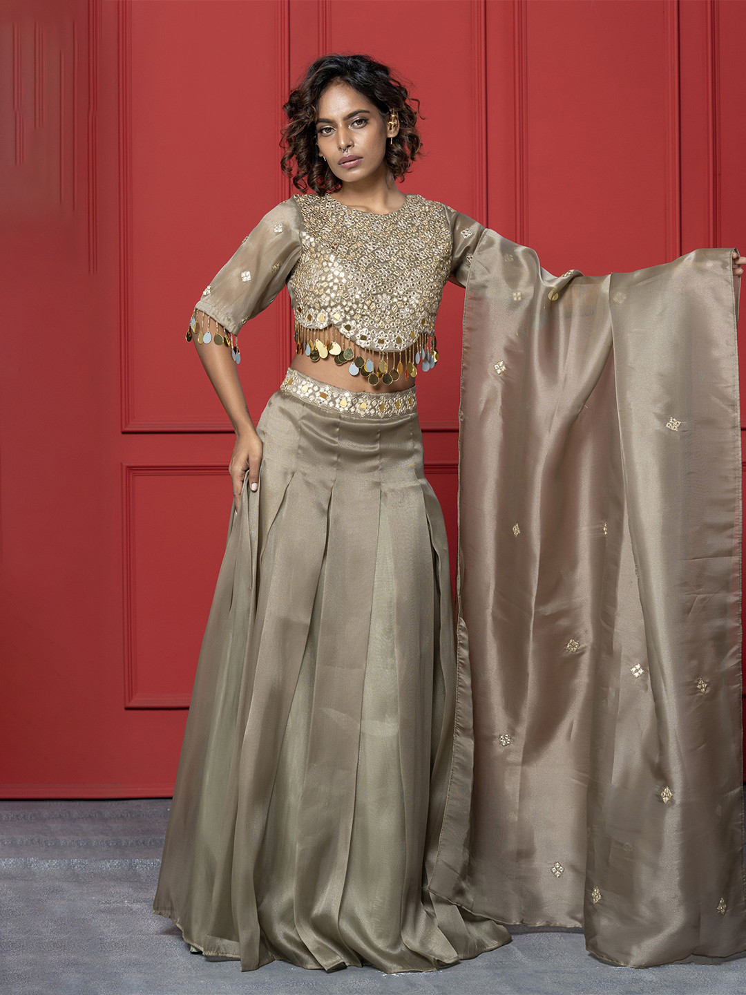 GloballyRonakRBafna Embellished Mirror Work Made to Measure Lehenga & Blouse With Dupatta