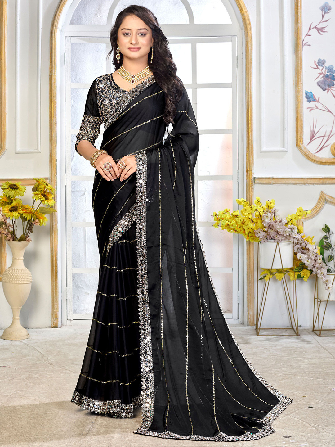 VISHNU CREATIONS Embellished Mirror Work  JIMMY CHOO  Saree