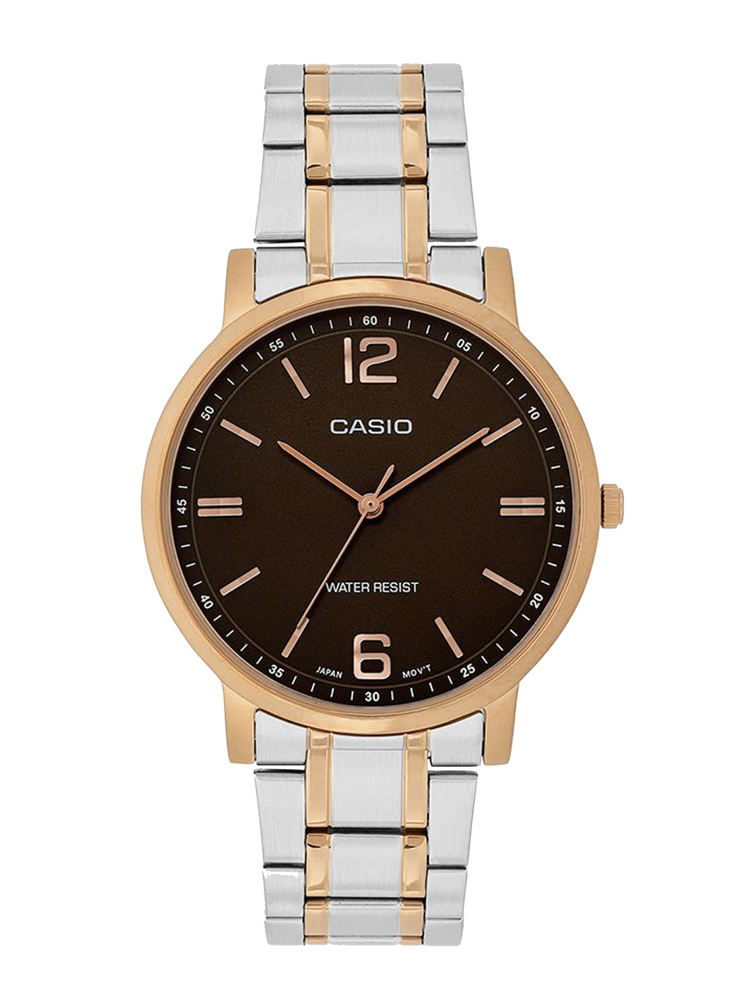 CASIO Men Brass Dial & Bracelet Style Stainless Steel Cuff Straps Analogue Watch A2435