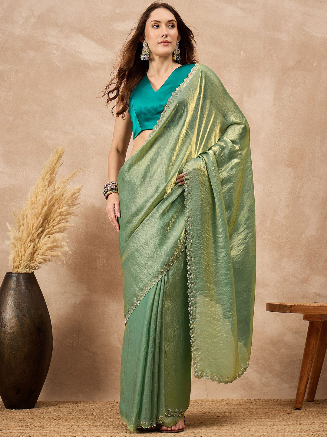 all about you Solid Green Embellished Beads and Stones Border Satin Saree