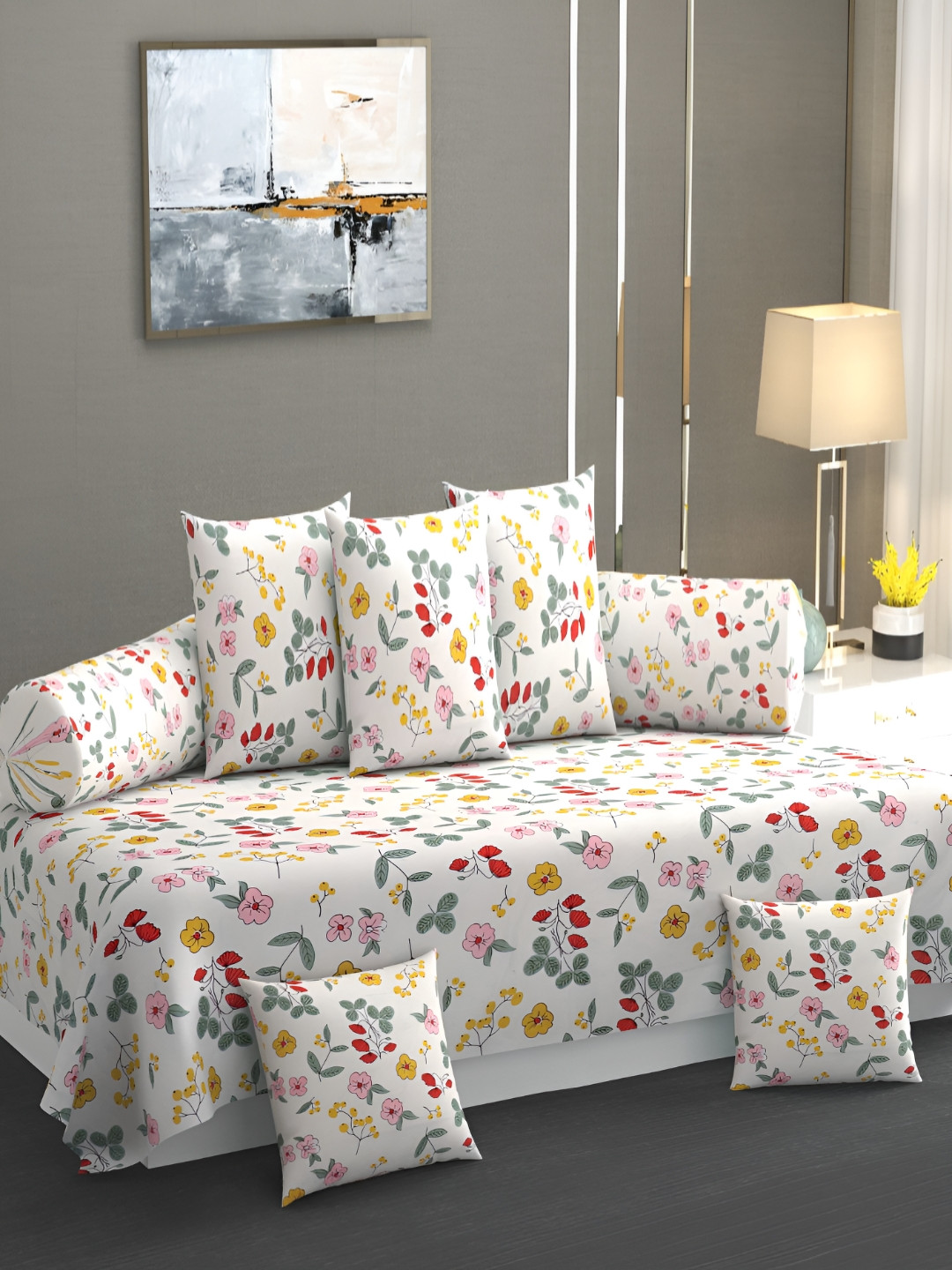 AMRANGE Set Of 8 Floral Printed Diwan Set