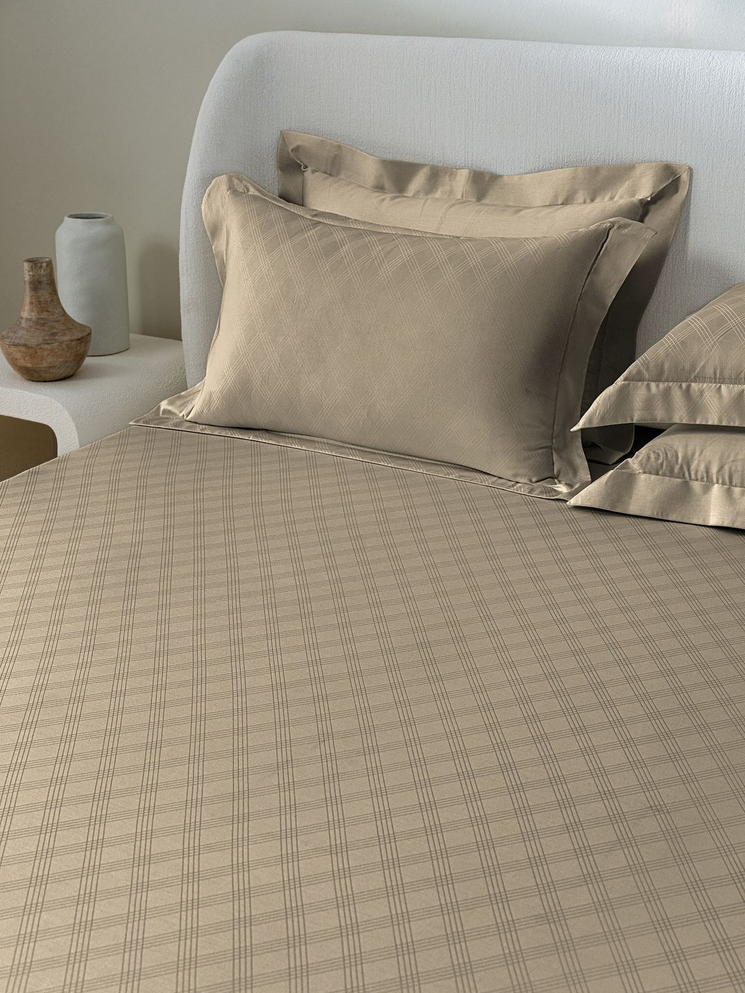 SANSAAR A DDECOR BRAND LIVE CONSCIOUSLY Beige Striped Cotton 3 Piece Bedding Set