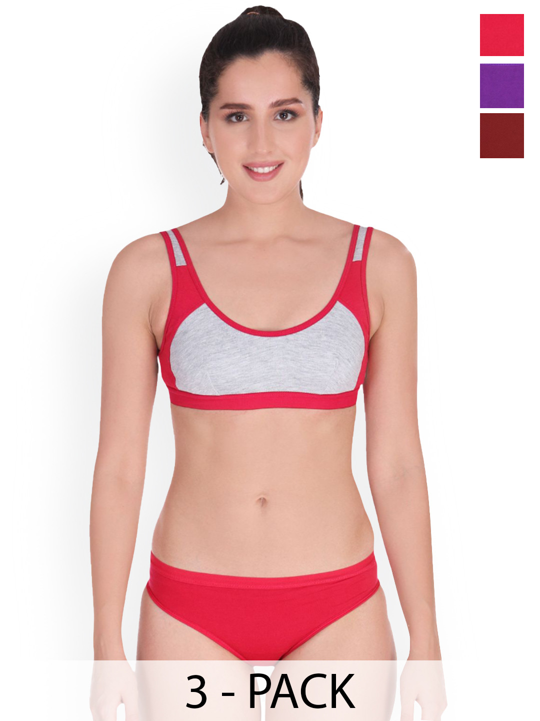 Samvar Pack Of 3 Colorblocked Cotton Non Padded Lingerie Sets B_SNYC-Set_P,Pu,M