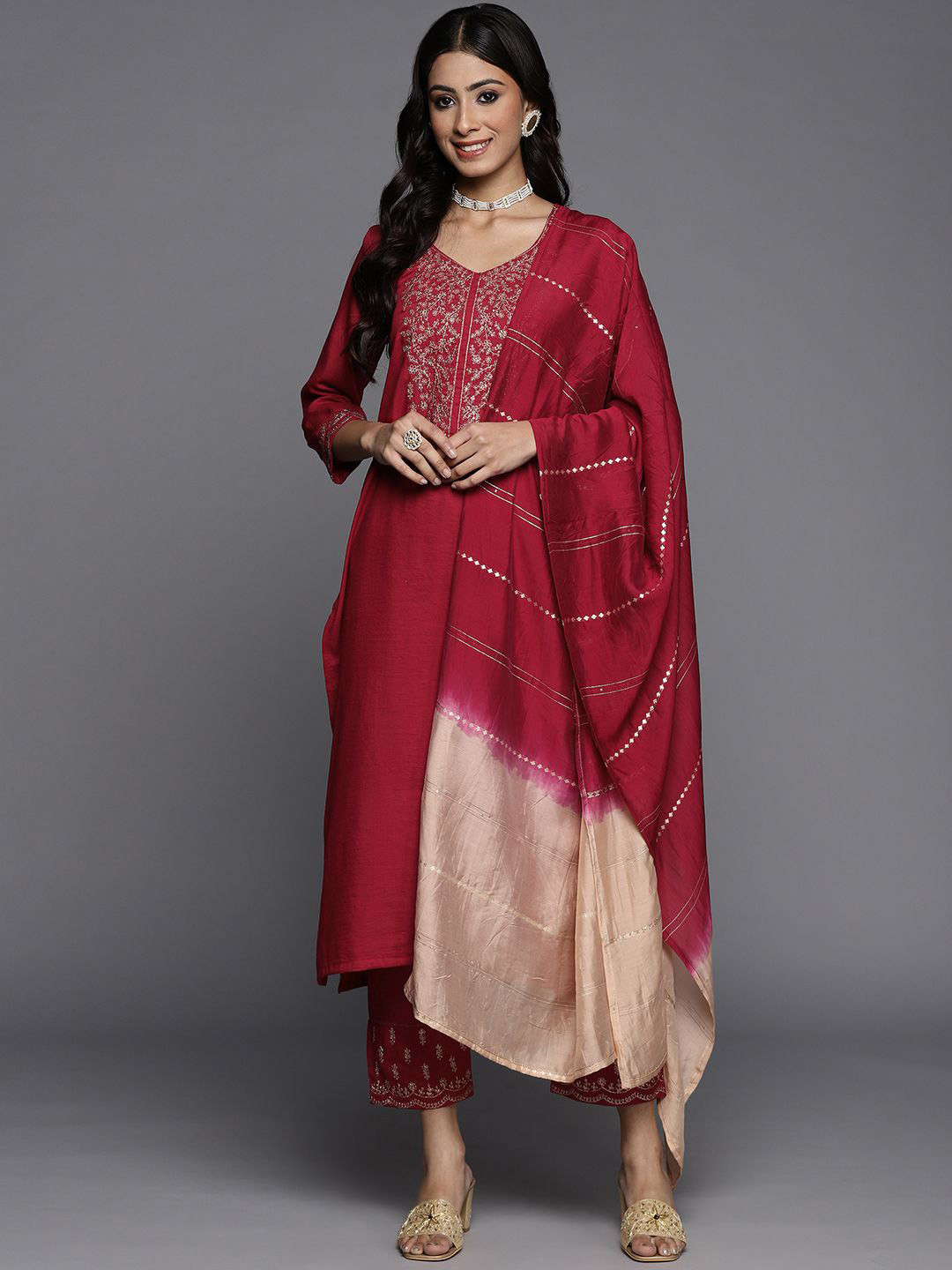 all about you Floral Yoke Design V-Neck Thread Work Straight Kurta With Trouser & Dupatta