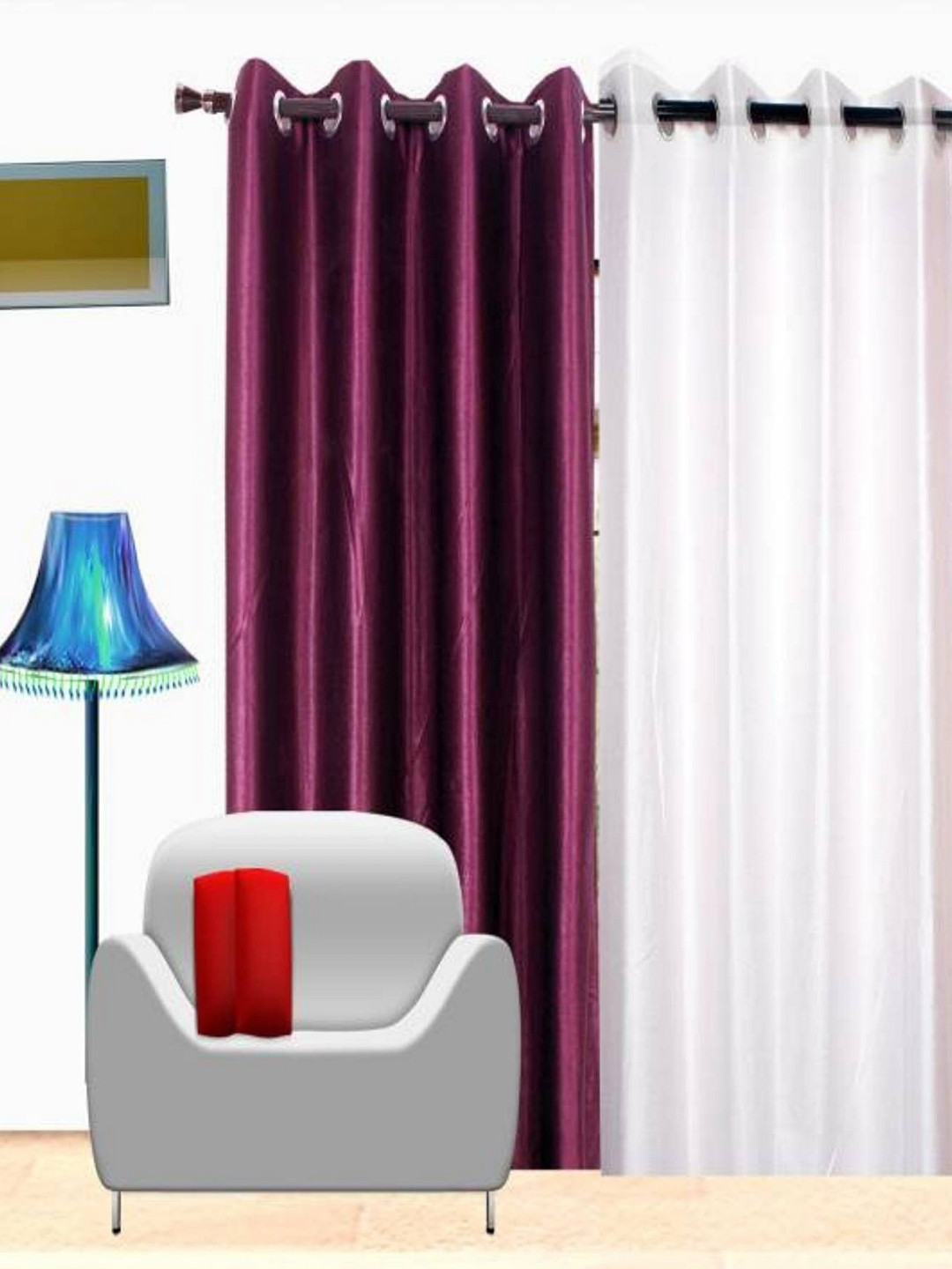 BELLA TRUE Burgundy & White 2 Pieces Ripple Fold Black Out Long Door Curtains