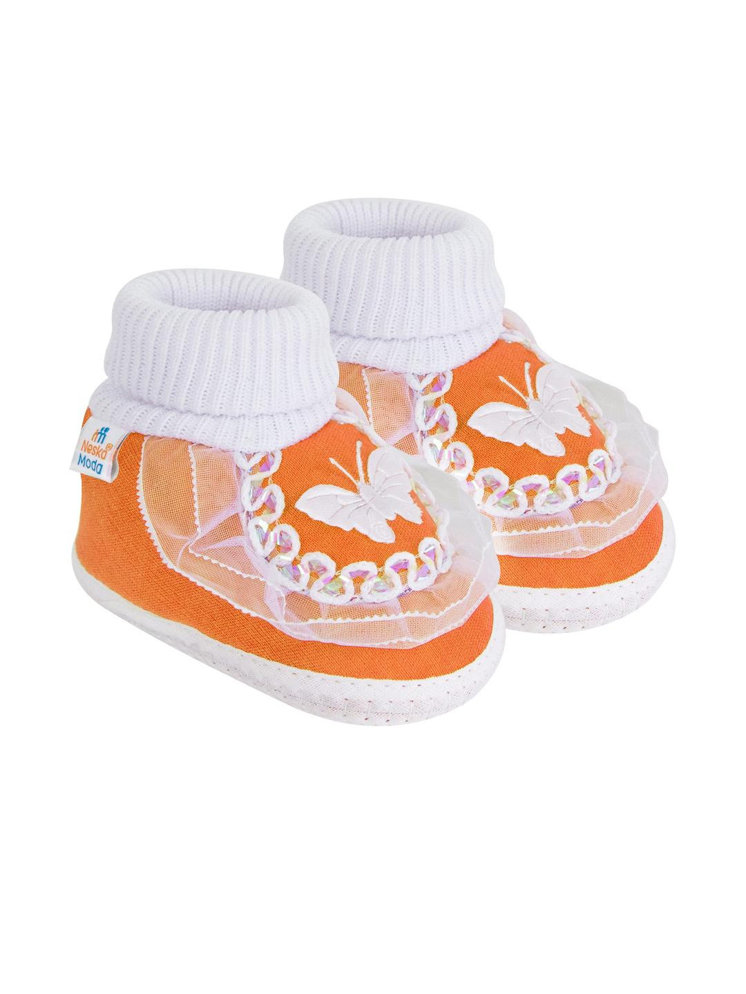 Neska Moda 3 To 12 Months Baby Boys & Baby Girls Cute Cotton Pre-Walker Butterfly Frill Booties (Toe to Heel Length - 12 cm, White, Orange)