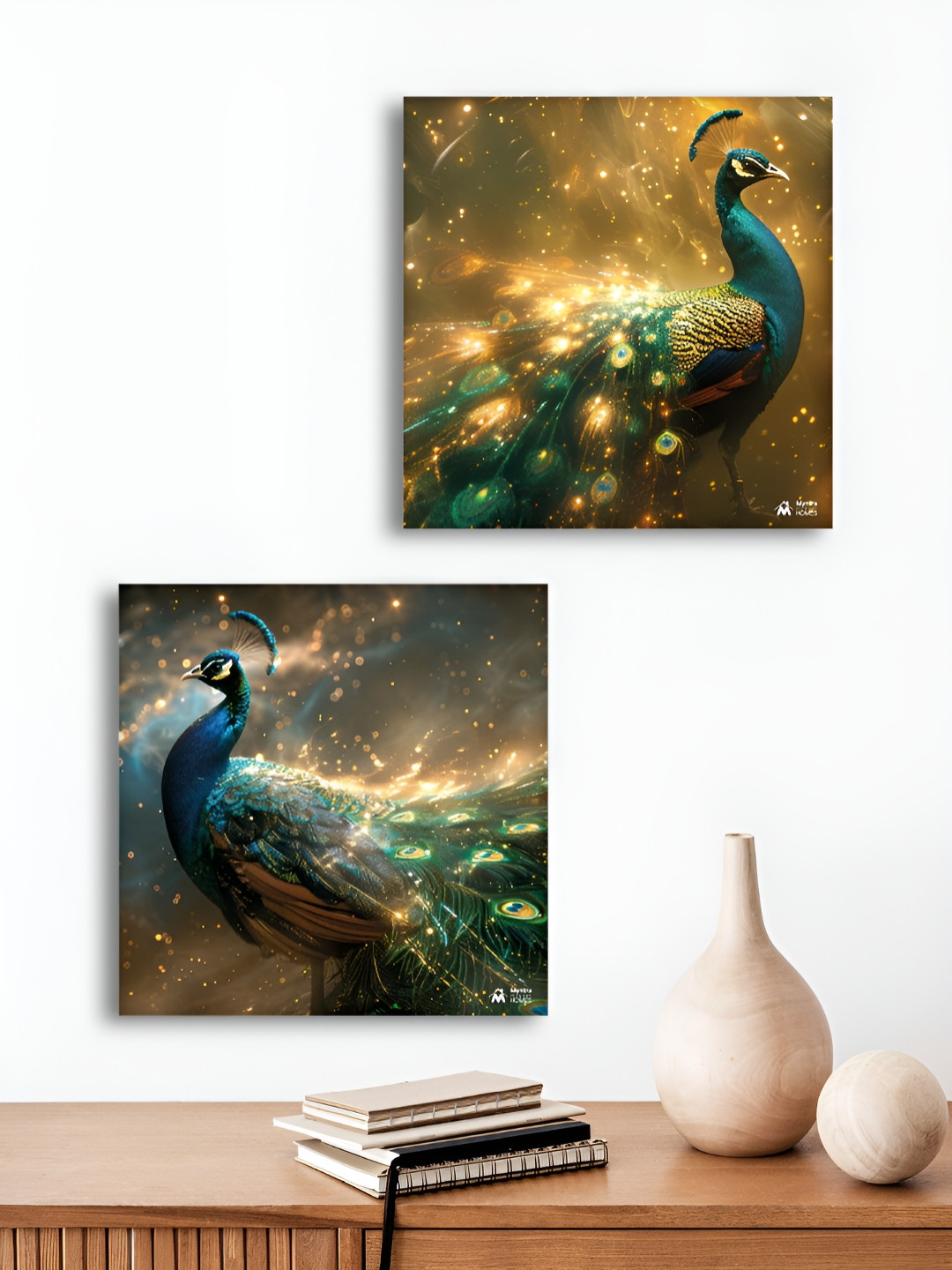 Myntra Elegant Homes Gold-Toned & Blue Premium Painting 2 Pieces Peacock Canvas Wall Arts