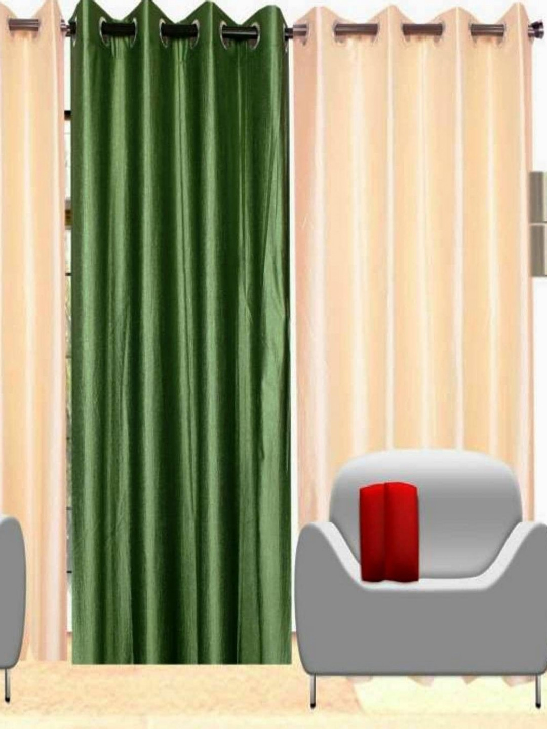 BELLA TRUE Green & Cream 3 Pieces Black Out Window Curtains