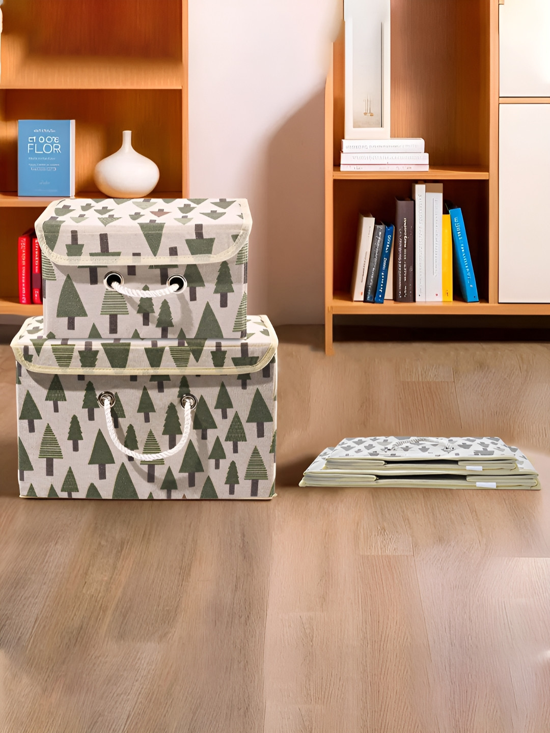Aura Cream 4 Pieces Tree-Printed Foldable Cotton Drawer Organisers
