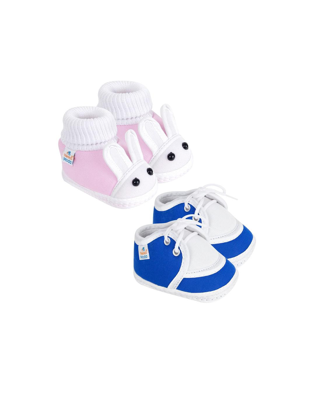 Neska Moda 3 To 12 Months Baby Boys & Baby Girls Set of 2 Pair Soft Cotton Rabbit Face Lace Booties (Toe to Heel Length - 12 cm, Baby Pink, Blue)