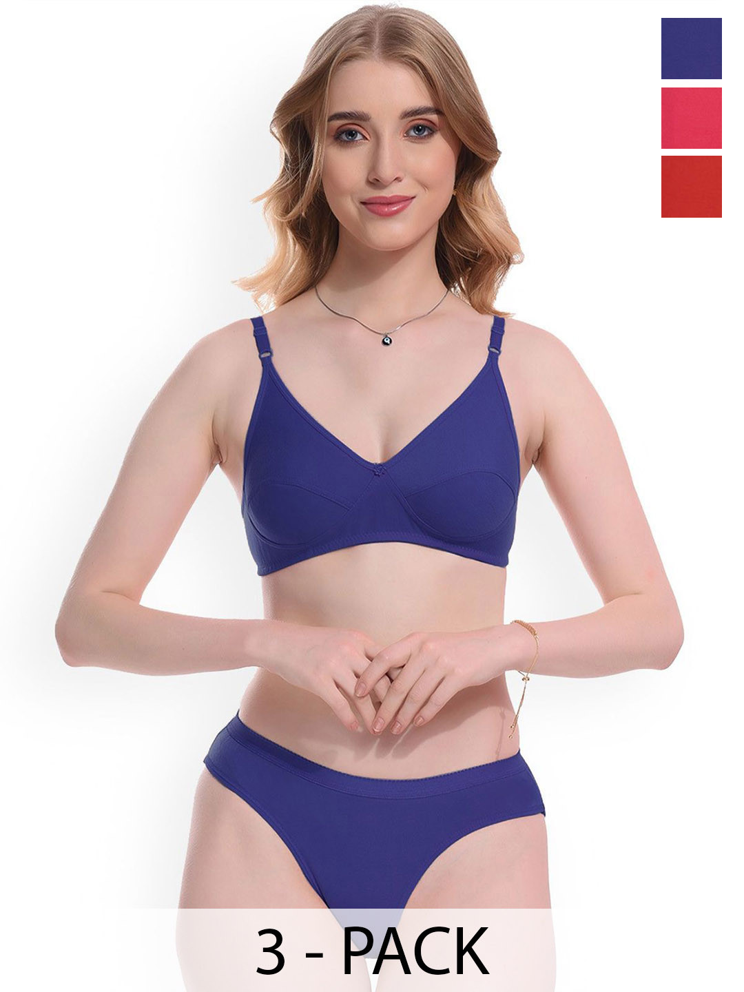 Samvar Pack Of 3 Cotton Non-Wired Non Padded Lingerie Set B-Ruchi-Set_R,B,P