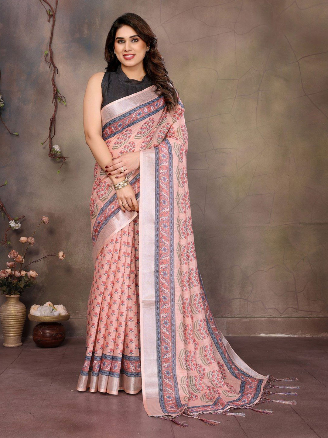 Shriyangan Floral Zari Pure Linen Block Print Saree