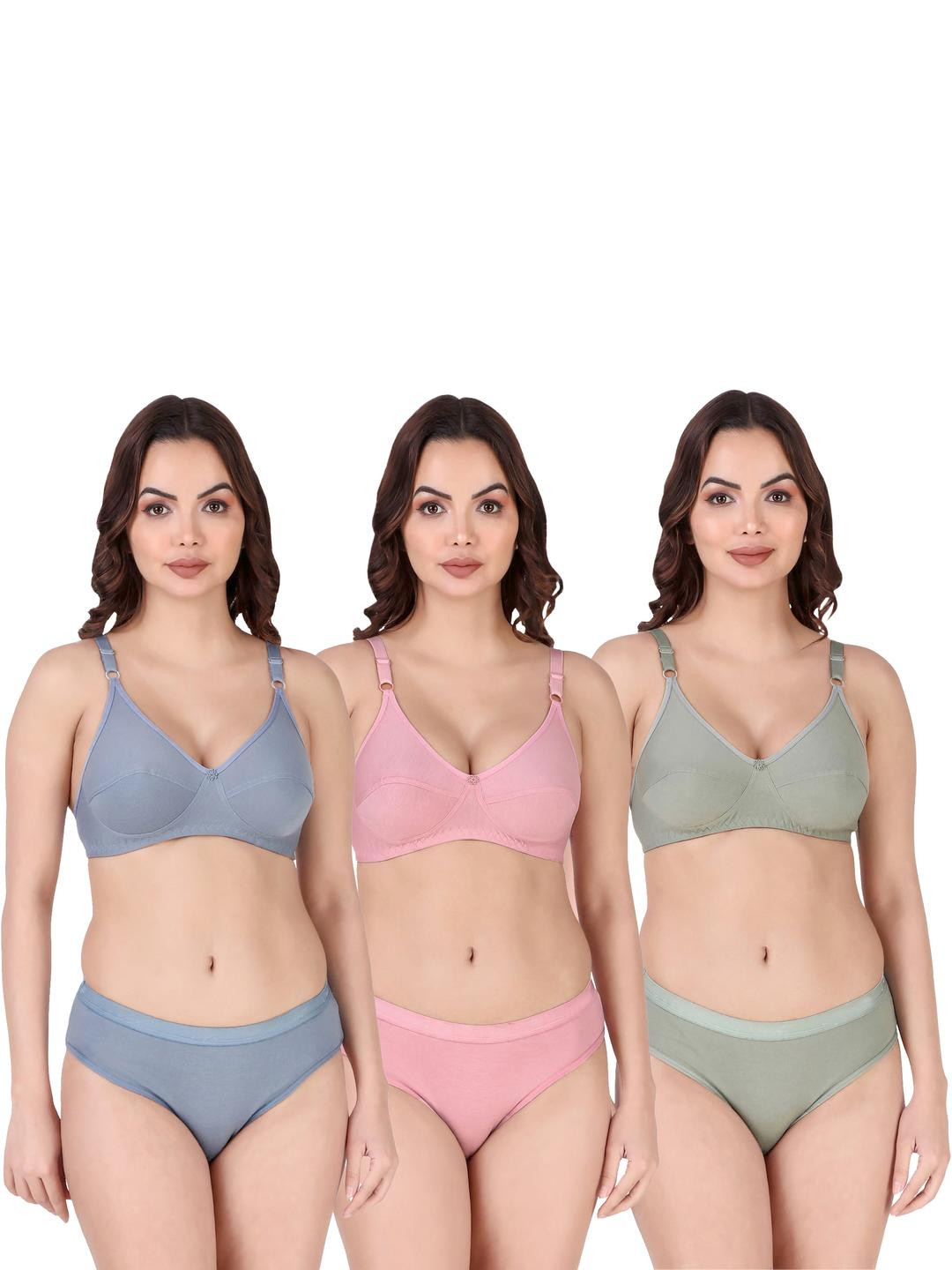 Women Blue,Pink,Green Cotton Bra Panty Set for Lingerie Set Undergarments Pack of 3