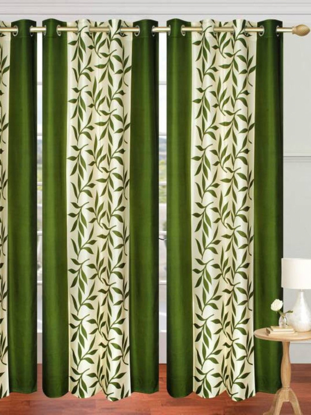 BELLA TRUE Green & White 3 Pieces Floral Printed Eyelet Fitted Door Curtains