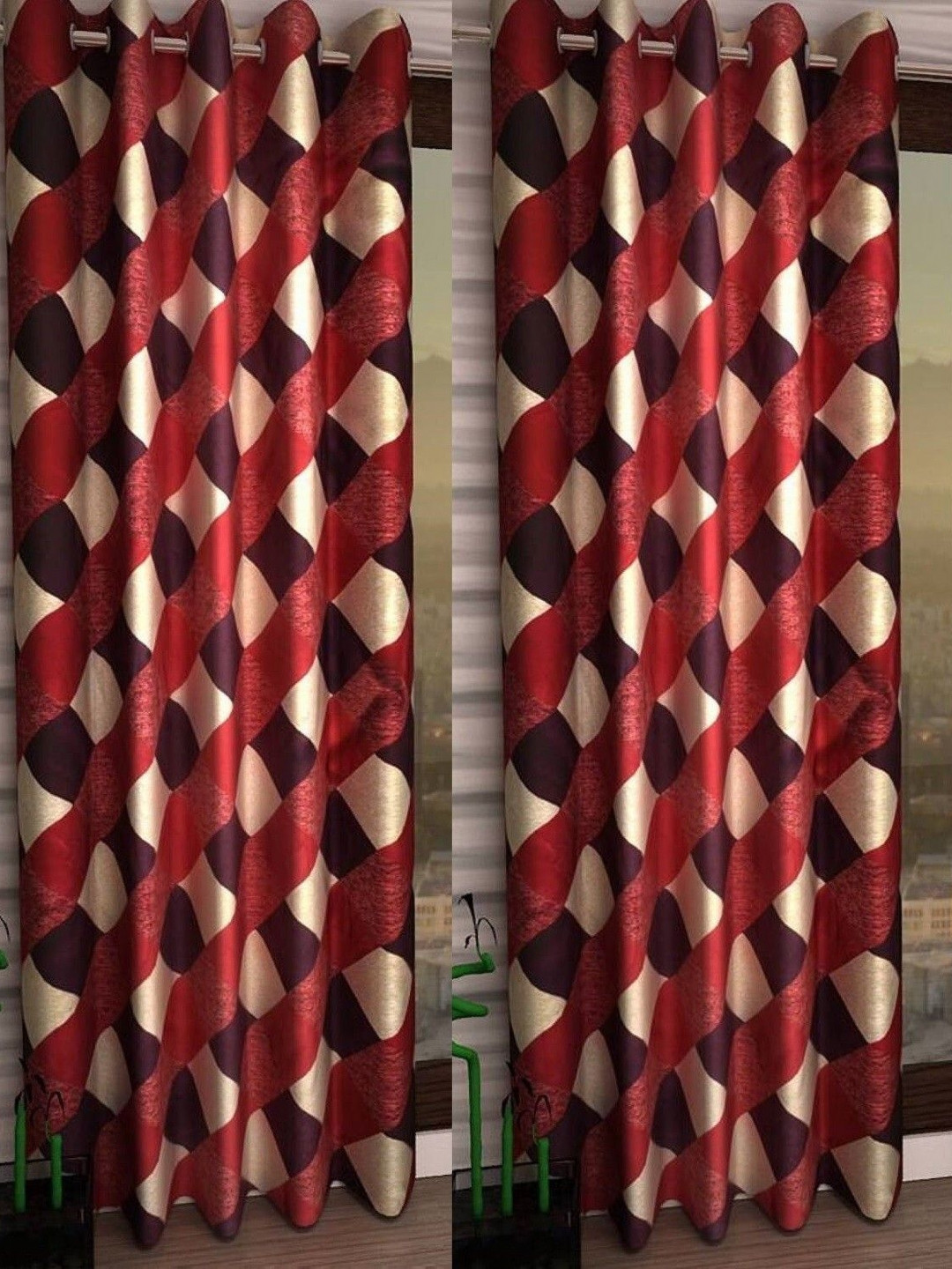 BELLA TRUE Red & Cream 3 Pieces Geometric Printed Black Out Long Door Curtain