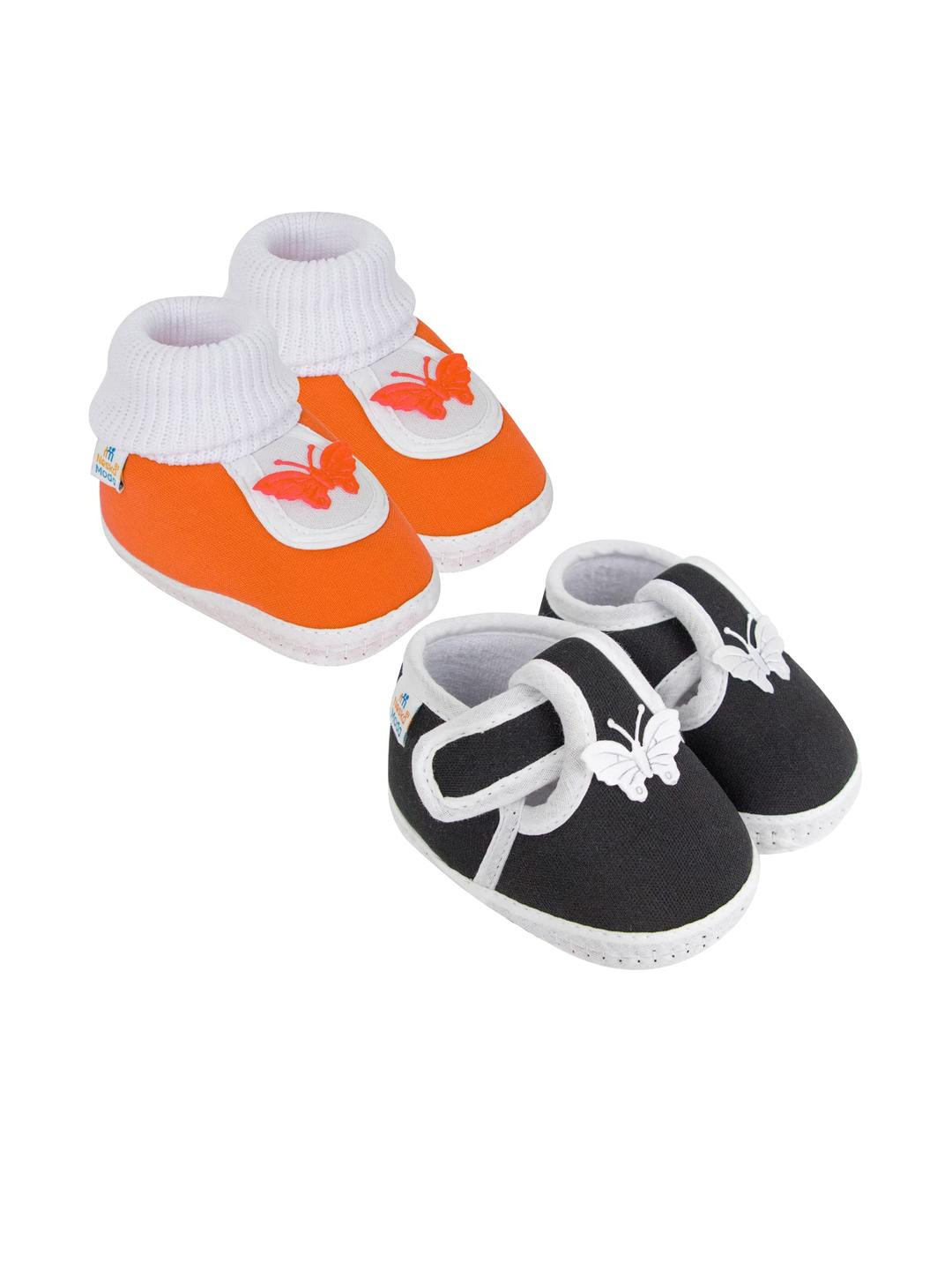Neska Moda Newborn Pack of 2 Pair 3 To 12 Month Unisex Baby Cotton Butterfly Soft Shoe Booties (Toe to Heel Length - 12 cm, Black, Orange)
